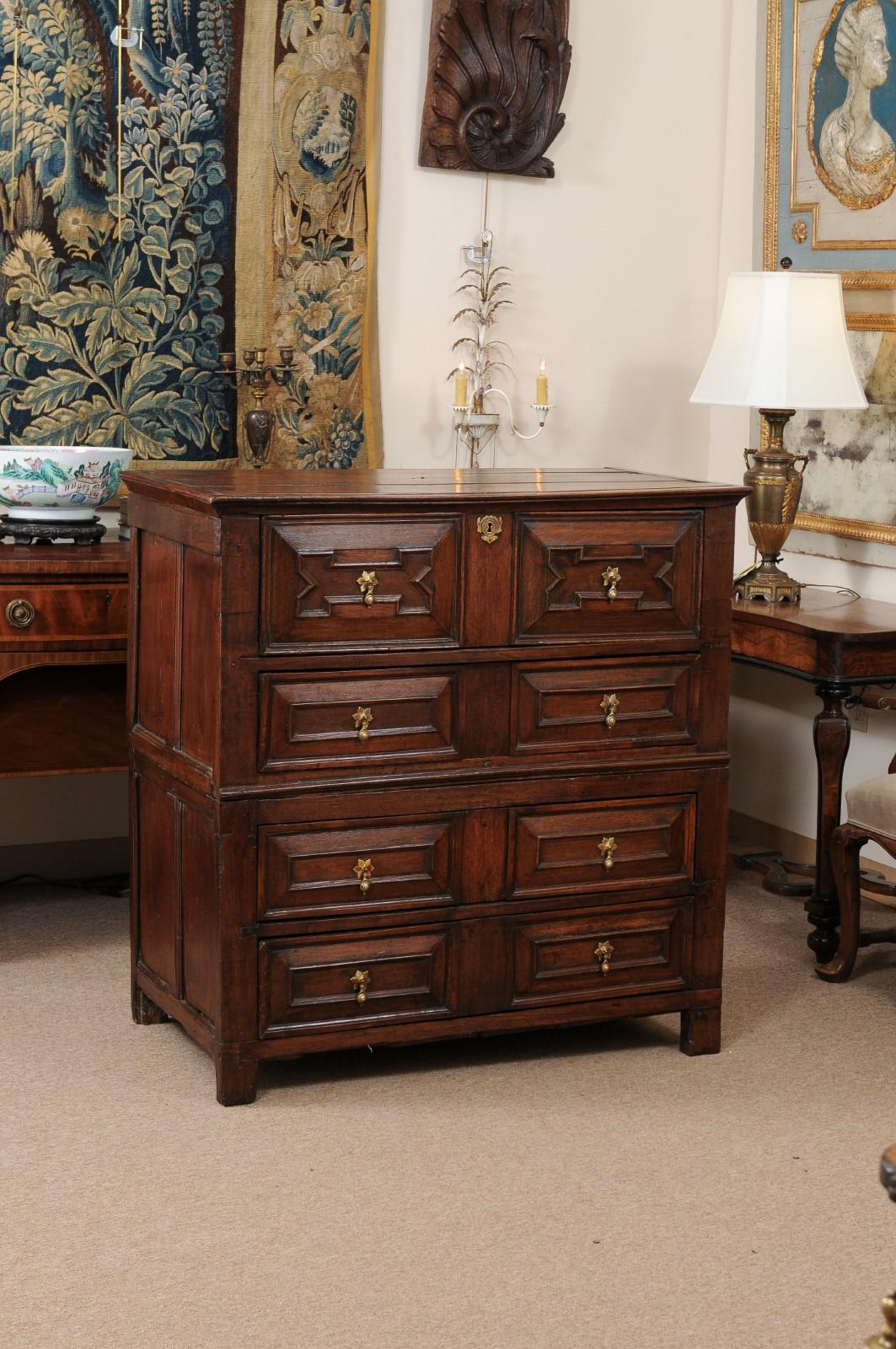 18th Century and Earlier 18th Century English Jacobean Style Oak Chest with 4 Drawers For Sale