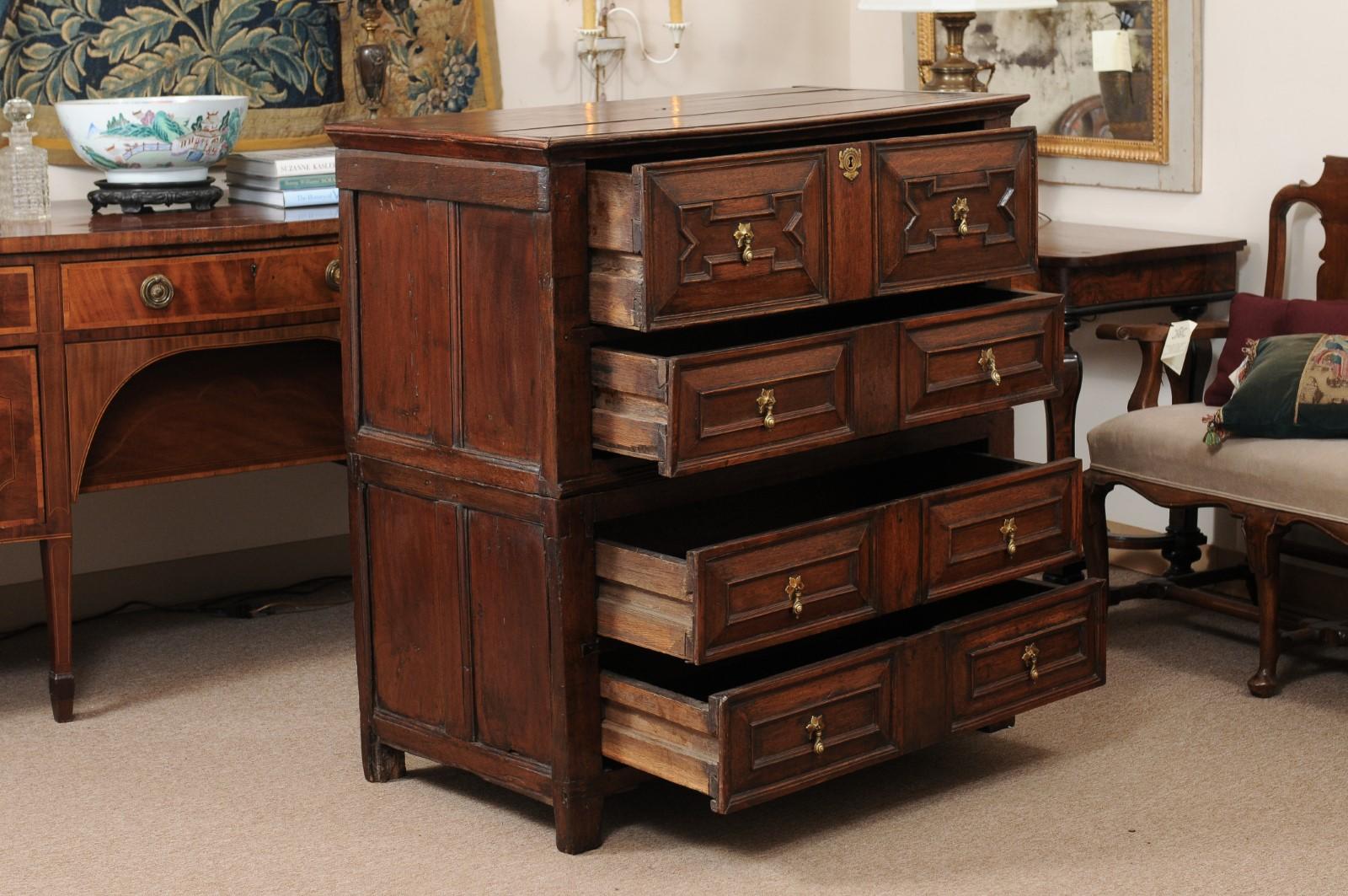 18th Century English Jacobean Style Oak Chest with 4 Drawers For Sale 1