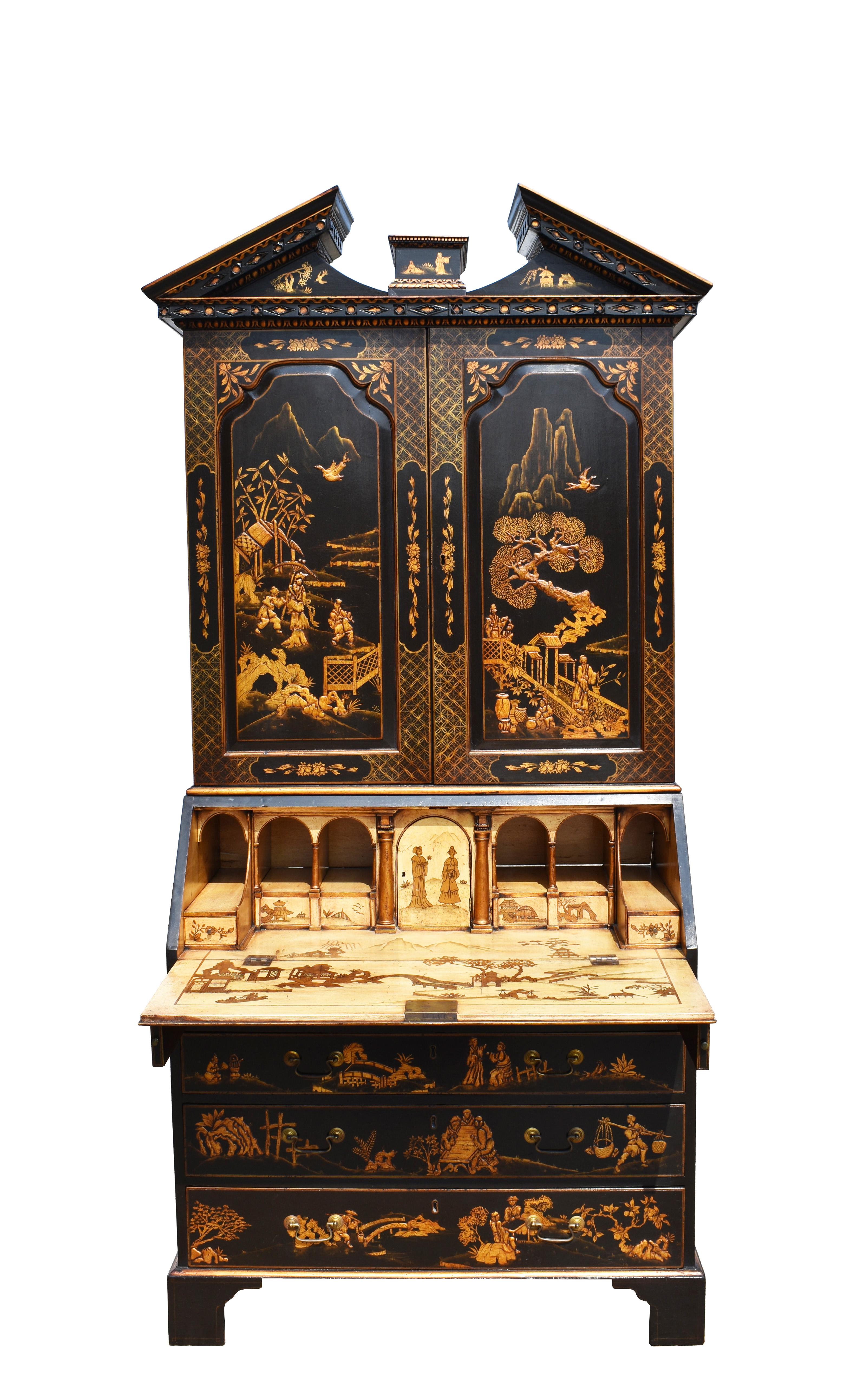 George II 18th Century English Lacquer and Gilt Chinoiserie Secretary Bookcase