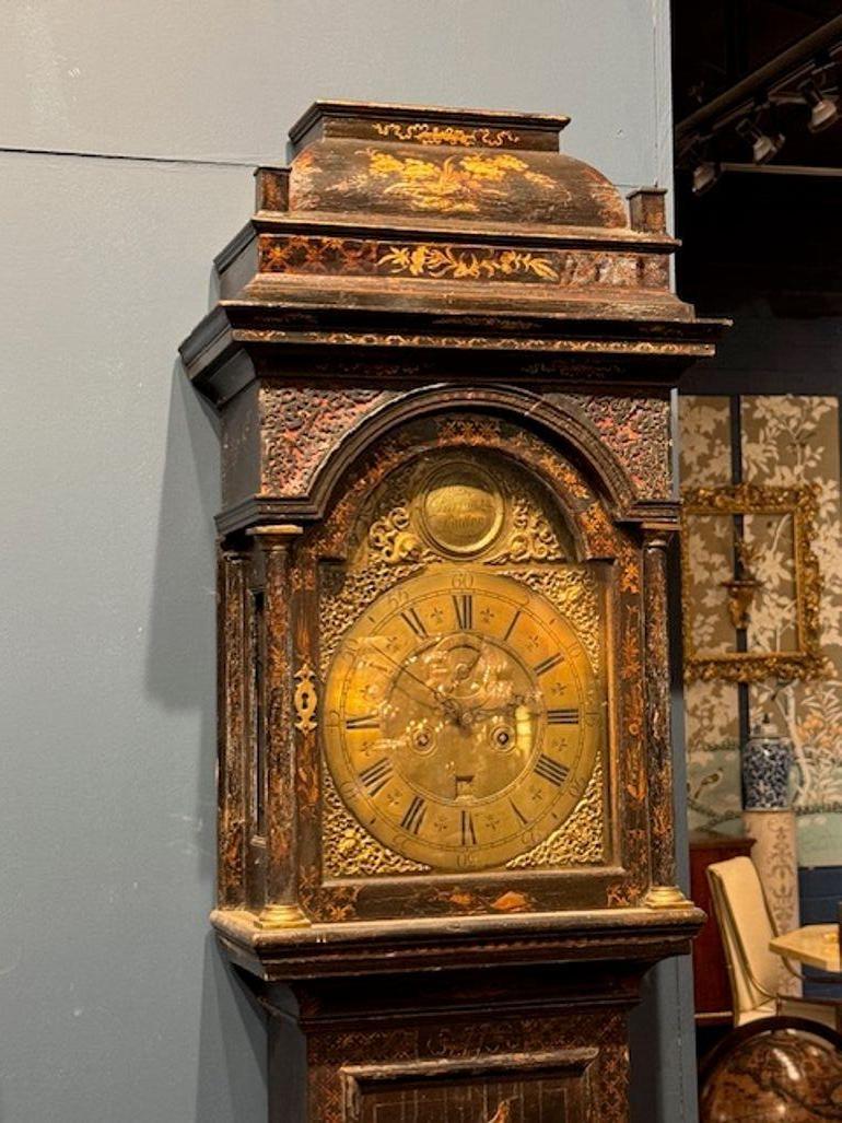 Hand-Painted 18th Century English Longcase Clock with Brass Face Plate by John Parsons For Sale