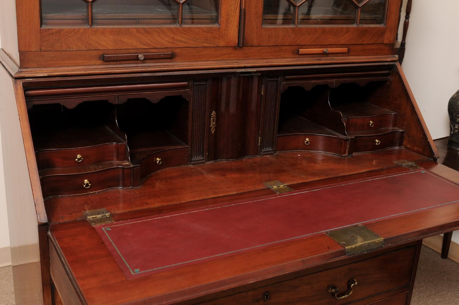 18th Century English Mahogany Bureau Bookcase with Ogee Feet & 13 Pane Sashwork For Sale 7