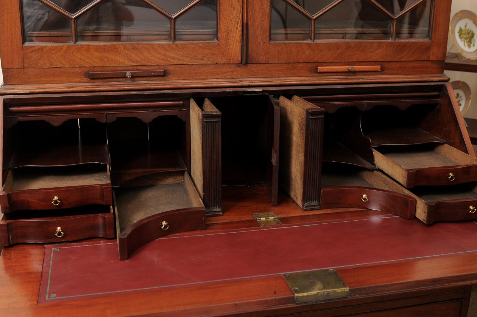 18th Century English Mahogany Bureau Bookcase with Ogee Feet & 13 Pane Sashwork For Sale 8