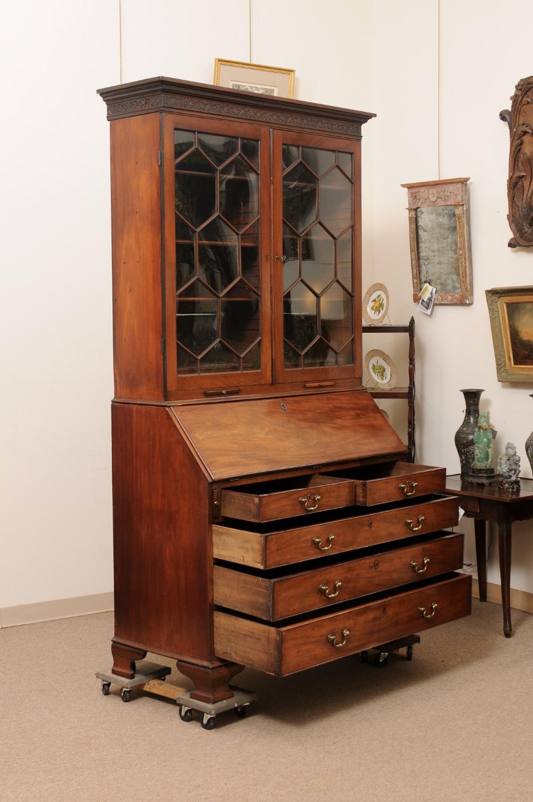 18th Century English Mahogany Bureau Bookcase with Ogee Feet & 13 Pane Sashwork For Sale 9