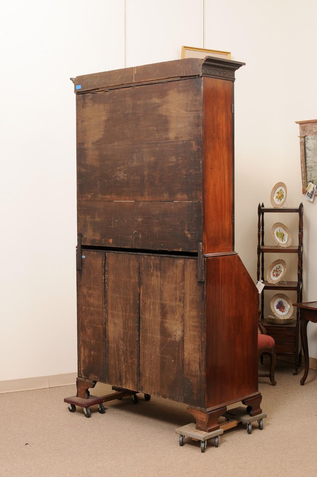 18th Century English Mahogany Bureau Bookcase with Ogee Feet & 13 Pane Sashwork For Sale 12
