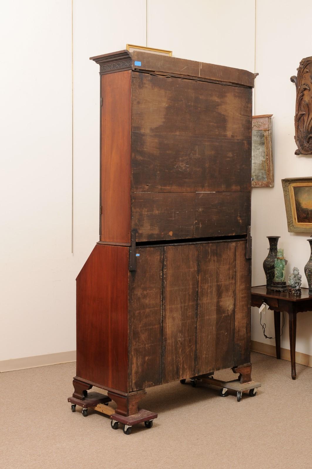 18th Century English Mahogany Bureau Bookcase with Ogee Feet & 13 Pane Sashwork In Good Condition For Sale In Atlanta, GA