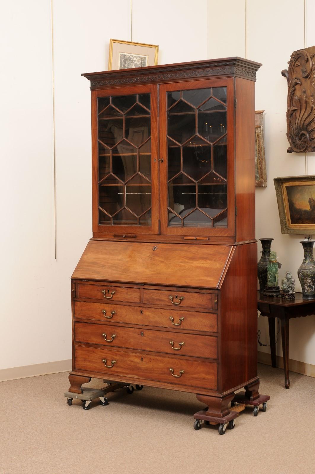 18th Century English Mahogany Bureau Bookcase with Ogee Feet & 13 Pane Sashwork For Sale 1