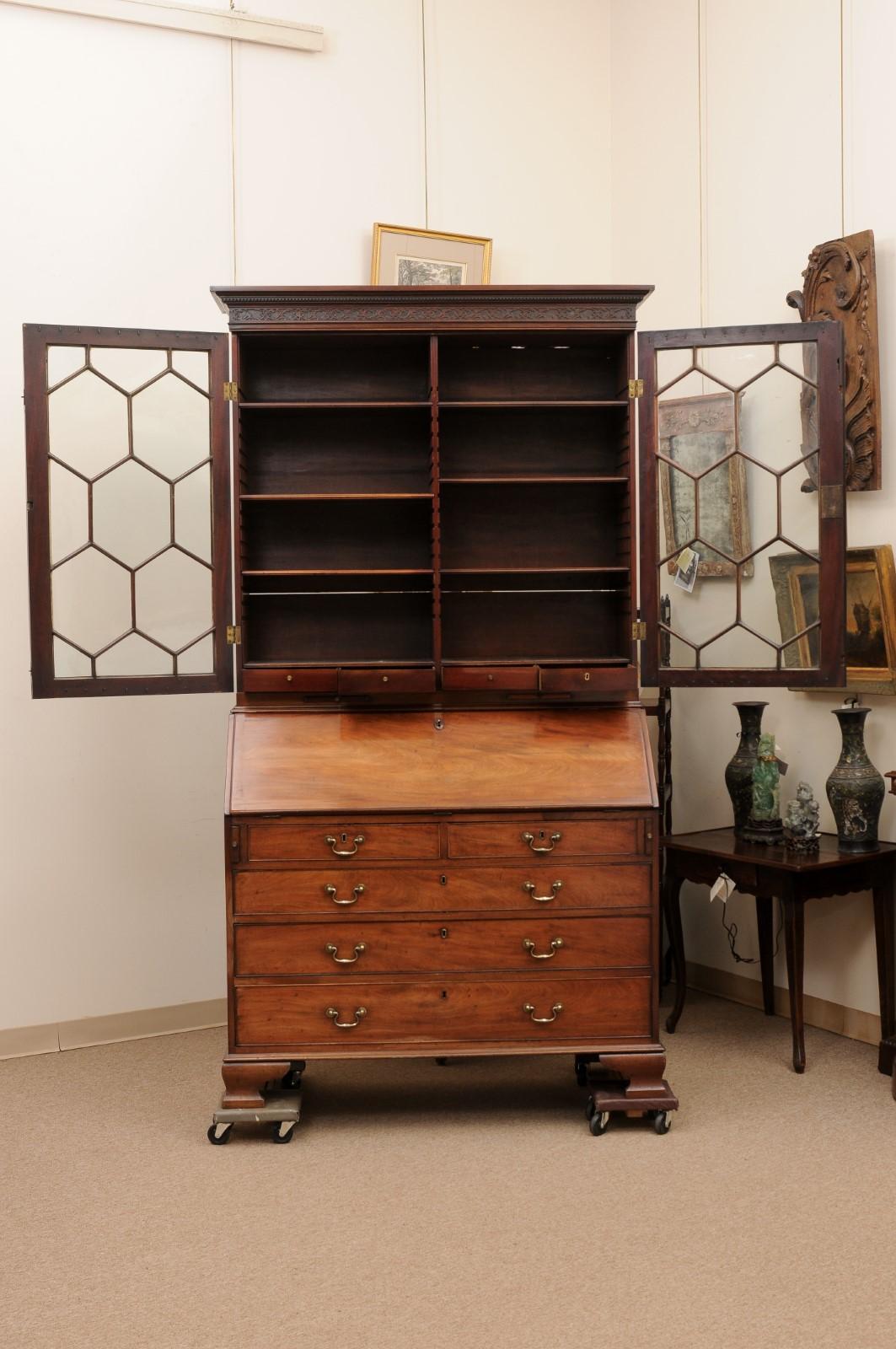 18th Century English Mahogany Bureau Bookcase with Ogee Feet & 13 Pane Sashwork For Sale 3