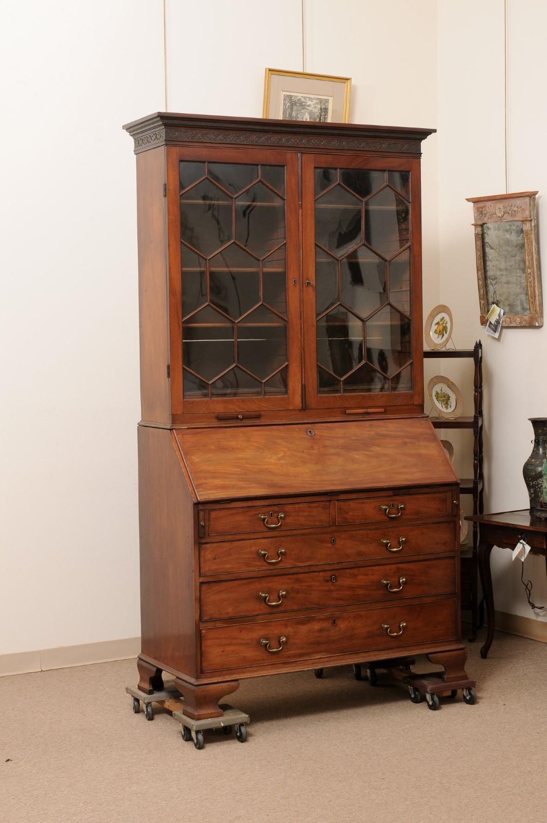 18th Century English Mahogany Bureau Bookcase with Ogee Feet & 13 Pane Sashwork For Sale 5