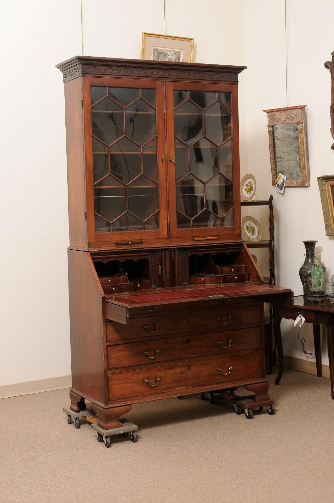18th Century English Mahogany Bureau Bookcase with Ogee Feet & 13 Pane Sashwork For Sale 6