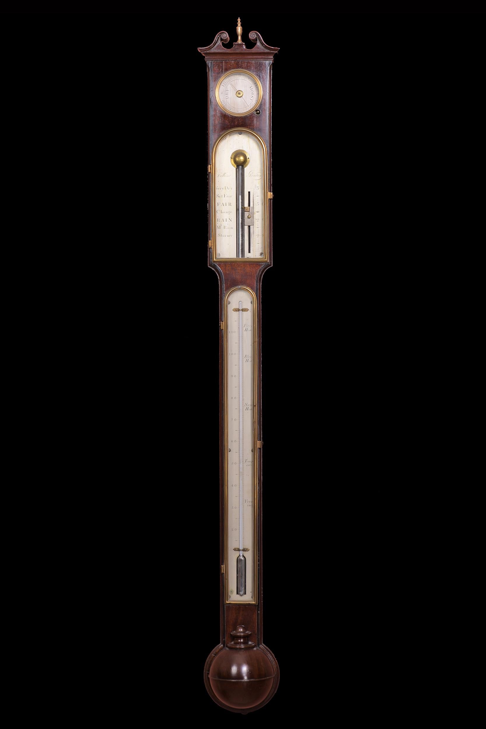An exceptional late 18th century mahogany cased stick barometer by Dolland of London, The mahogany case of a very solid construction and with a superbly made turned mahogany cistern cover. The architectural top with a central brass finial above a