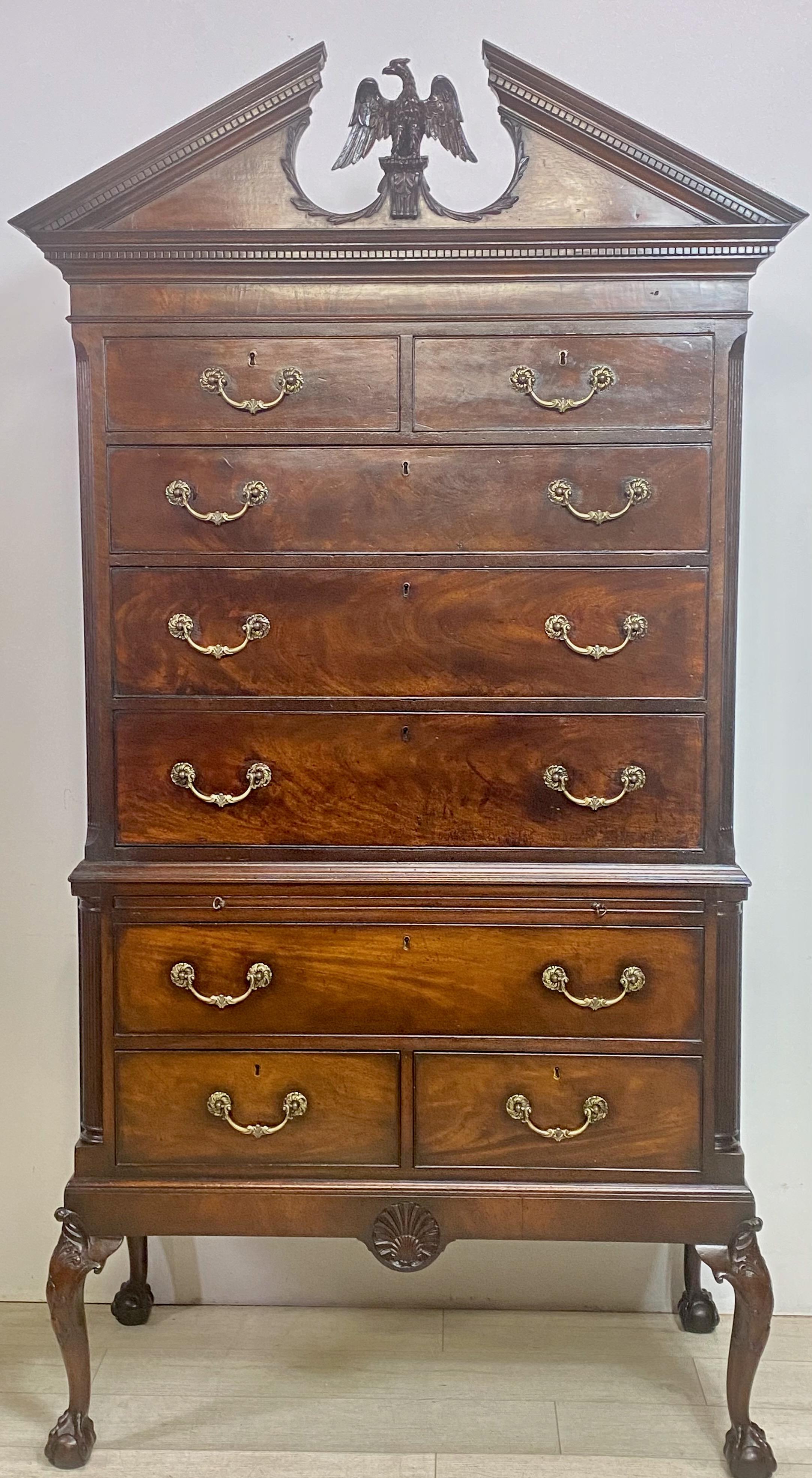 Thrilled to find this piece!
An exceptional 18th century English Chippendale style mahogany chest on stand. Having flame mahogany veneer drawer fronts over solid oak, the body of solid mahogany with secondary woods of oak and pine. 
Refreshed