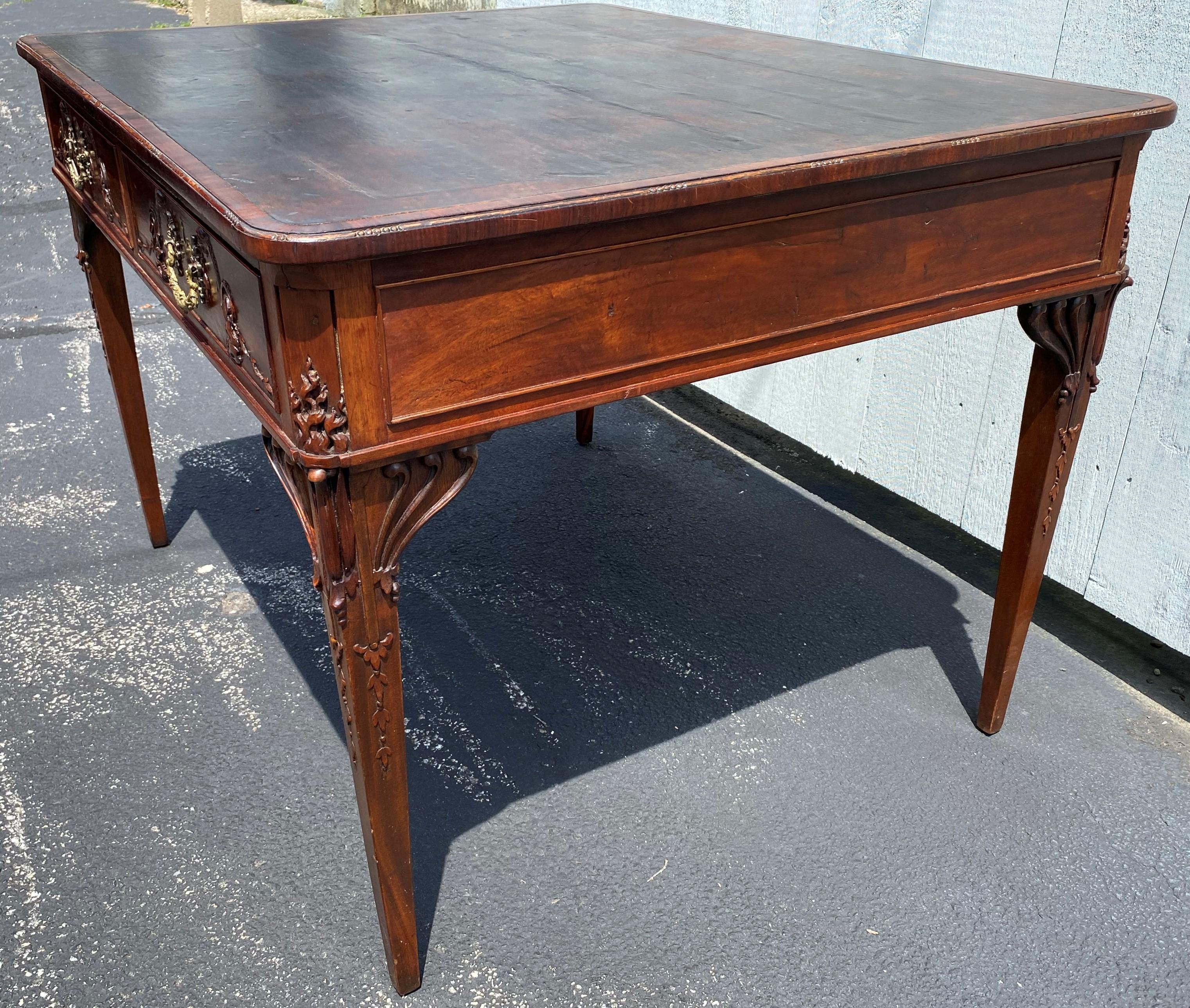 Georgian 18th Century English Mahogany Leather Top Partners Desk with Carved Birds For Sale