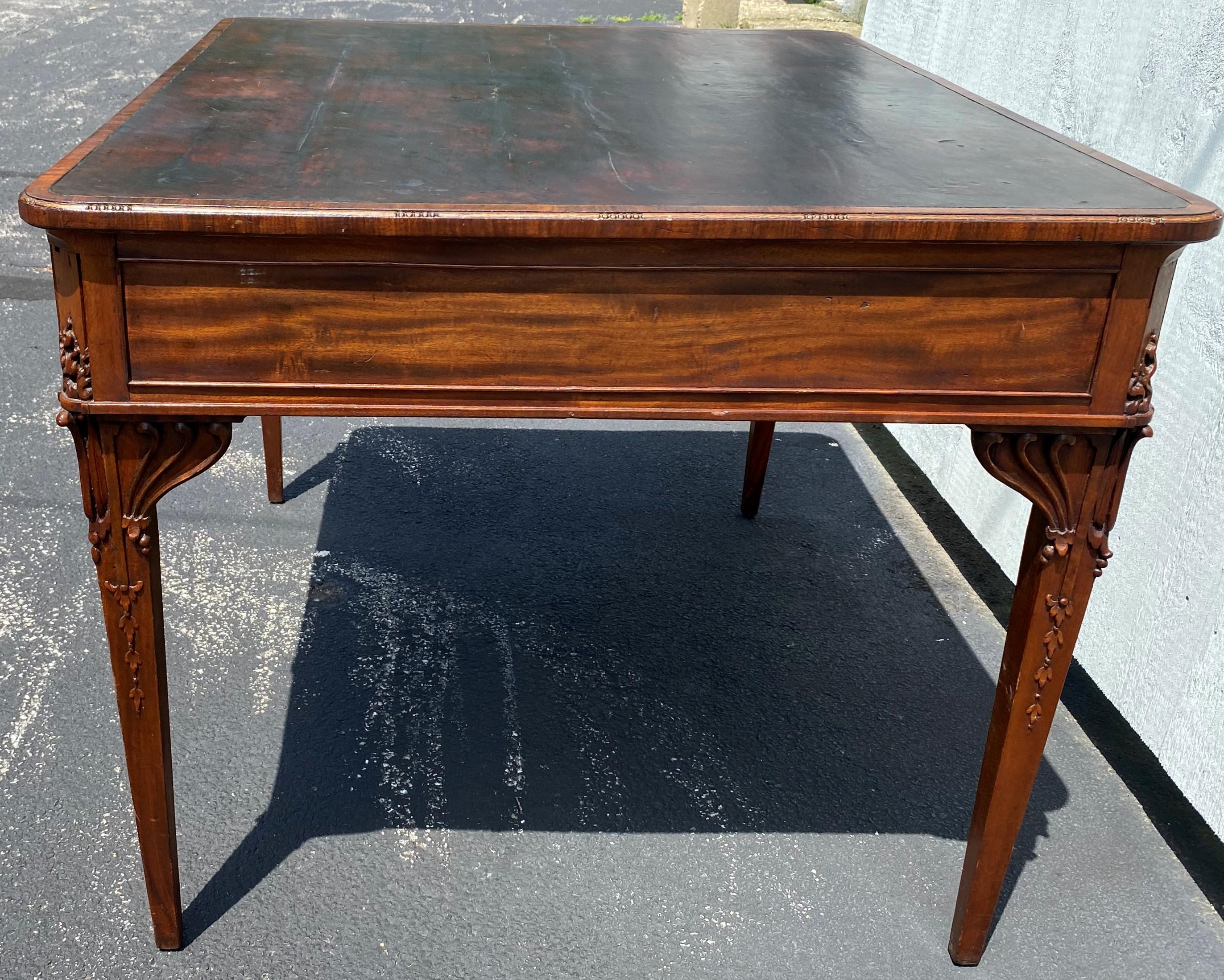 18th Century English Mahogany Leather Top Partners Desk with Carved Birds In Good Condition For Sale In Milford, NH