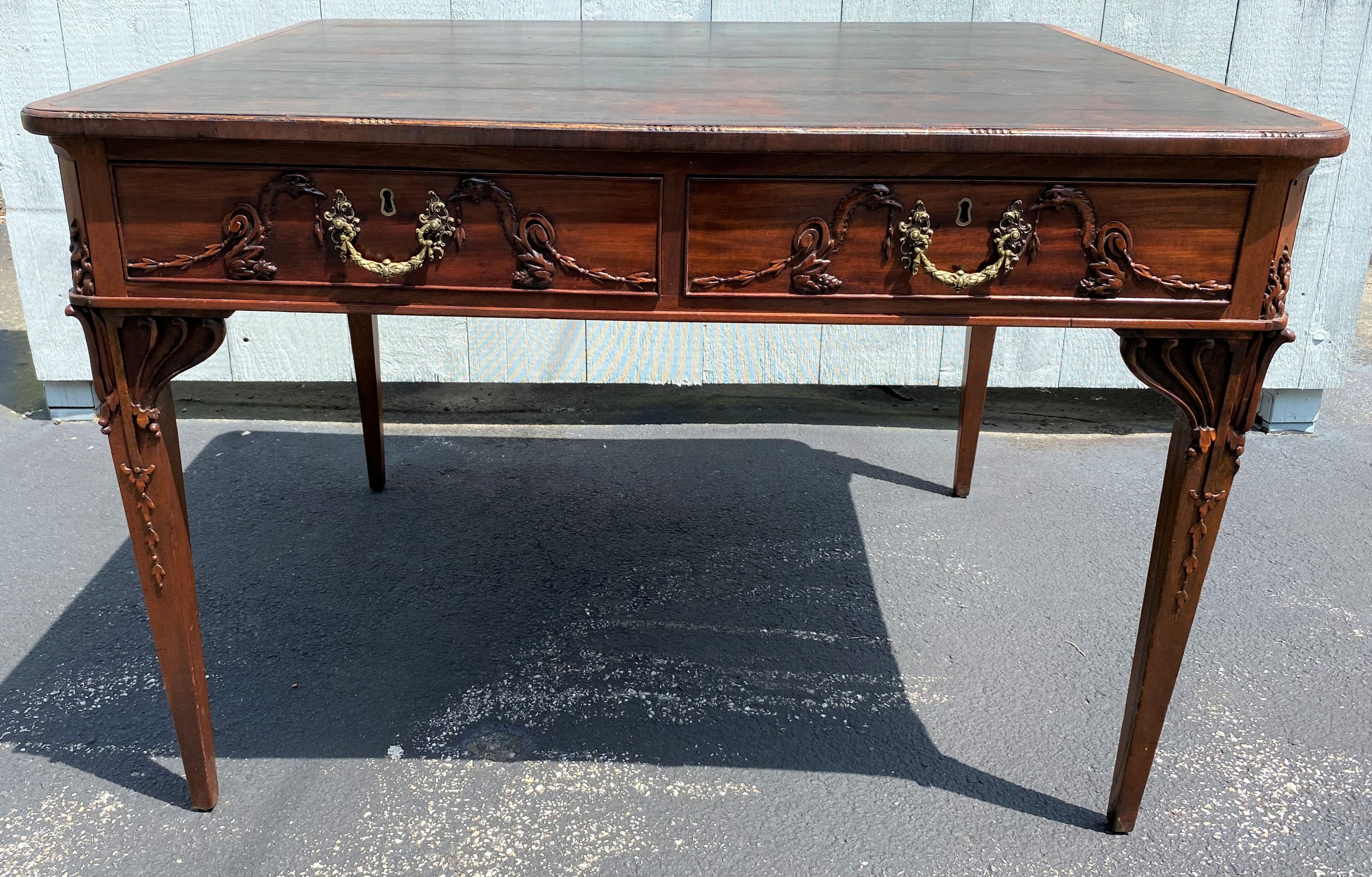 Brass 18th Century English Mahogany Leather Top Partners Desk with Carved Birds For Sale