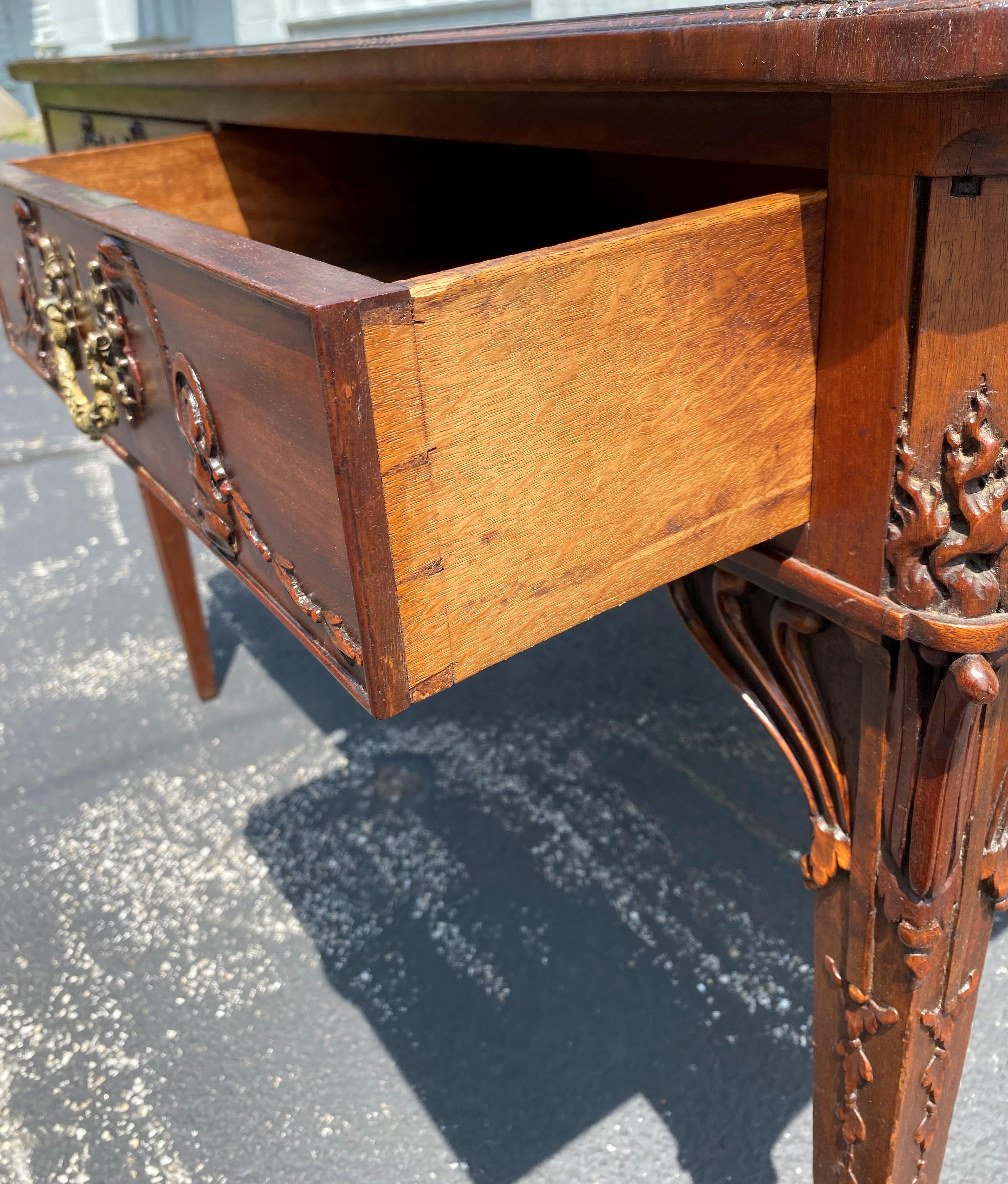 18th Century English Mahogany Leather Top Partners Desk with Carved Birds For Sale 1