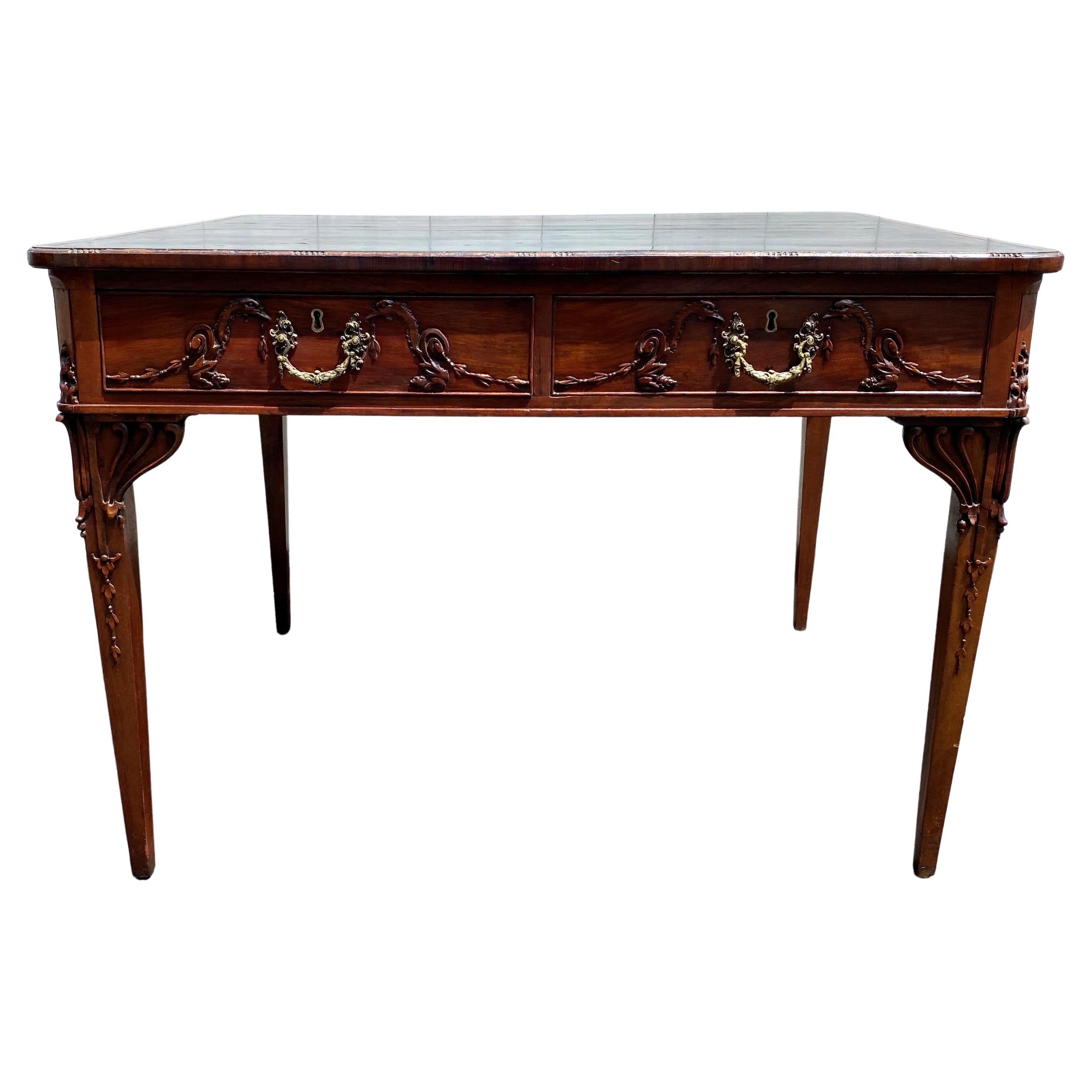 18th Century English Mahogany Leather Top Partners Desk with Carved Birds For Sale