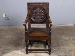 18th Century English Oak Armchair with Carved Back and Inscription