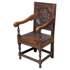 18th Century English Oak Armchair with Carved Back and Inscription