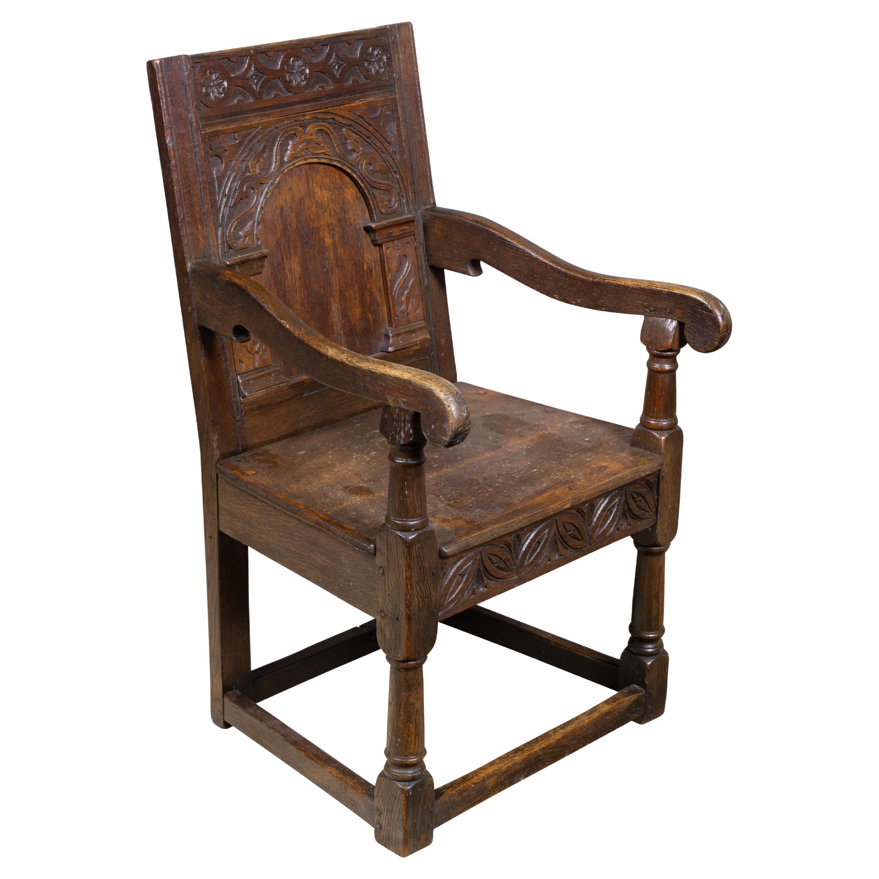 18th Century English Oak Armchair with Carved Back Panel