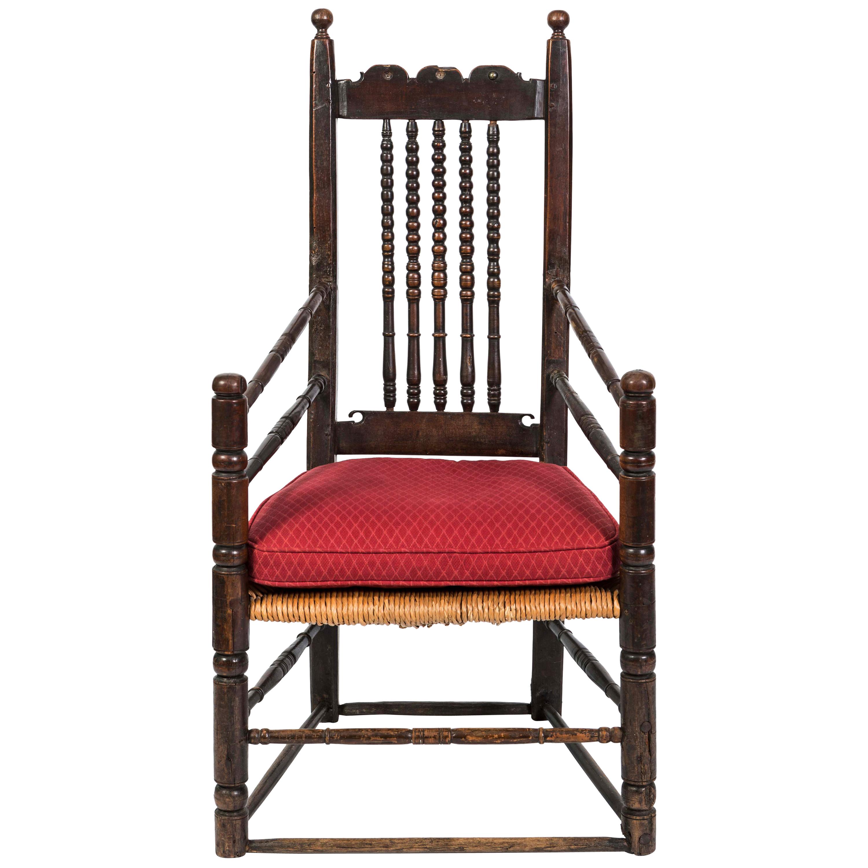 18th Century English Oak Bannister Armchair with Rush Seat For Sale