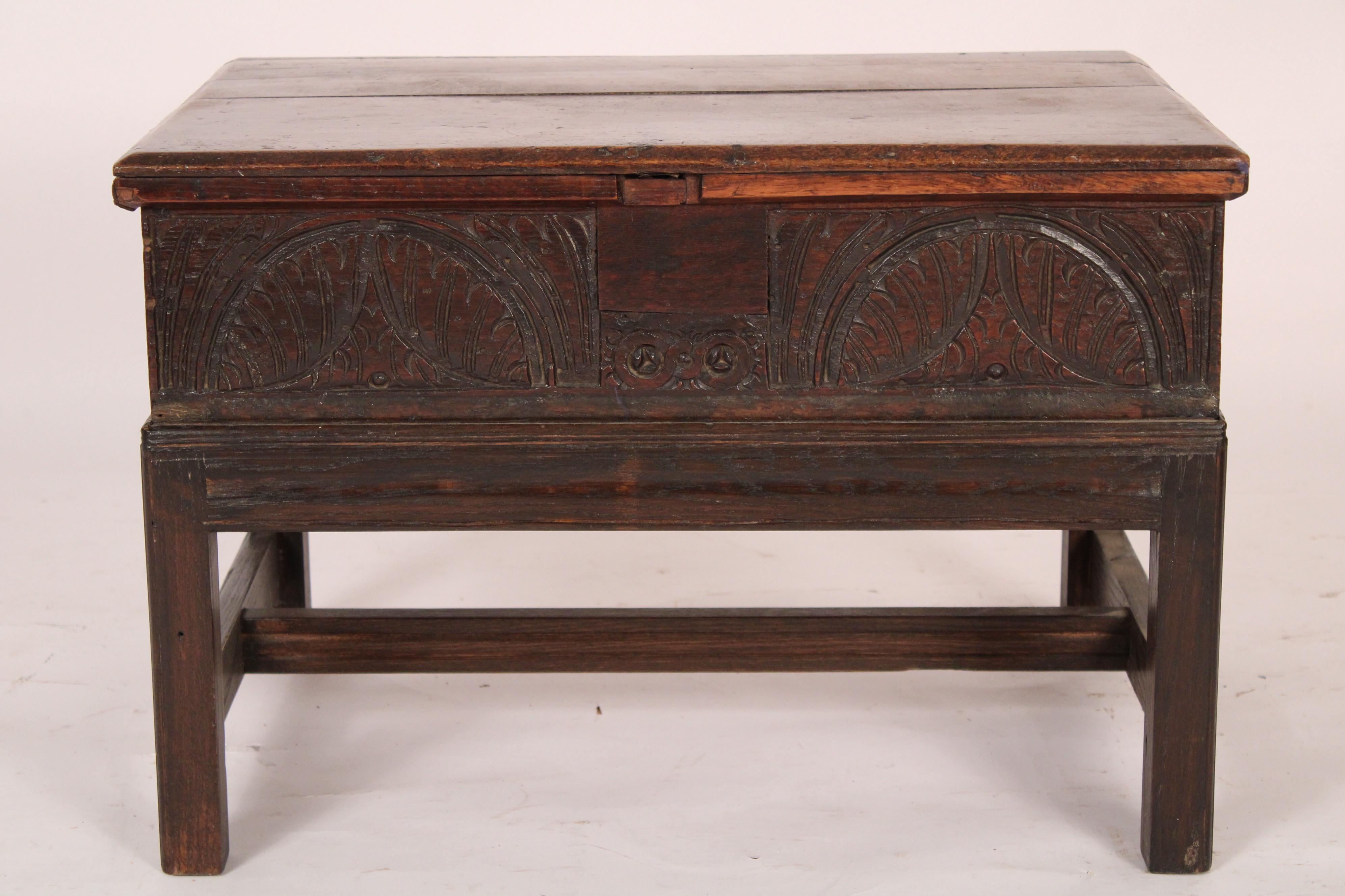 18th century English oak bible box on a 20th century stand. With nice old patina.