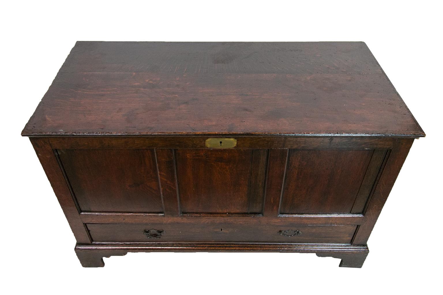 The front of this English oak blanket chest has three recessed panels framed with molded edges and one long drawer with the original open panels. The key hole has a flush brass escutcheon. The sides have recessed panels with molded framing. The base