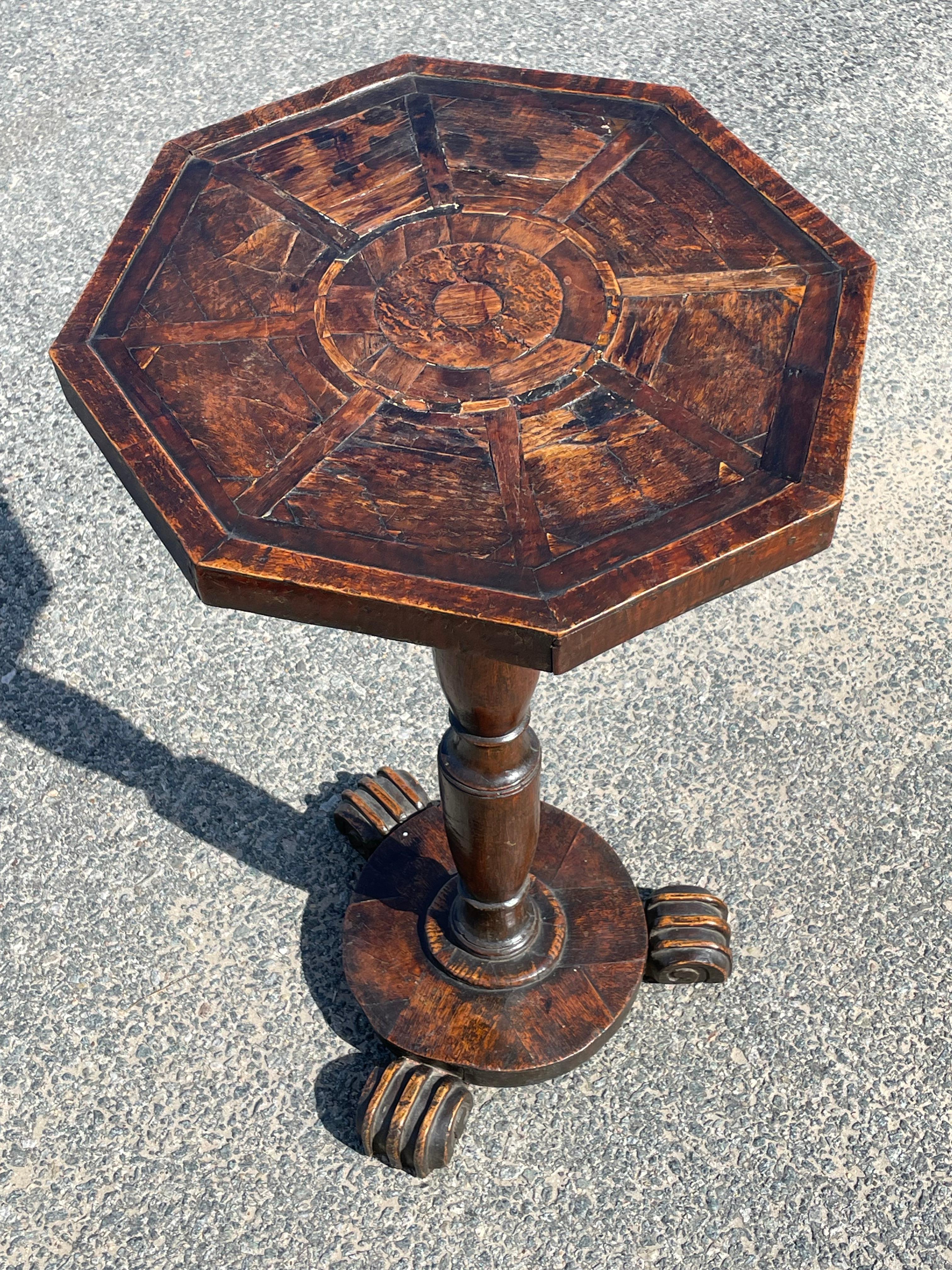 18th Century, English Oak Candle Stand with Inlaid Octagonal Top In Fair Condition For Sale In Nantucket, MA