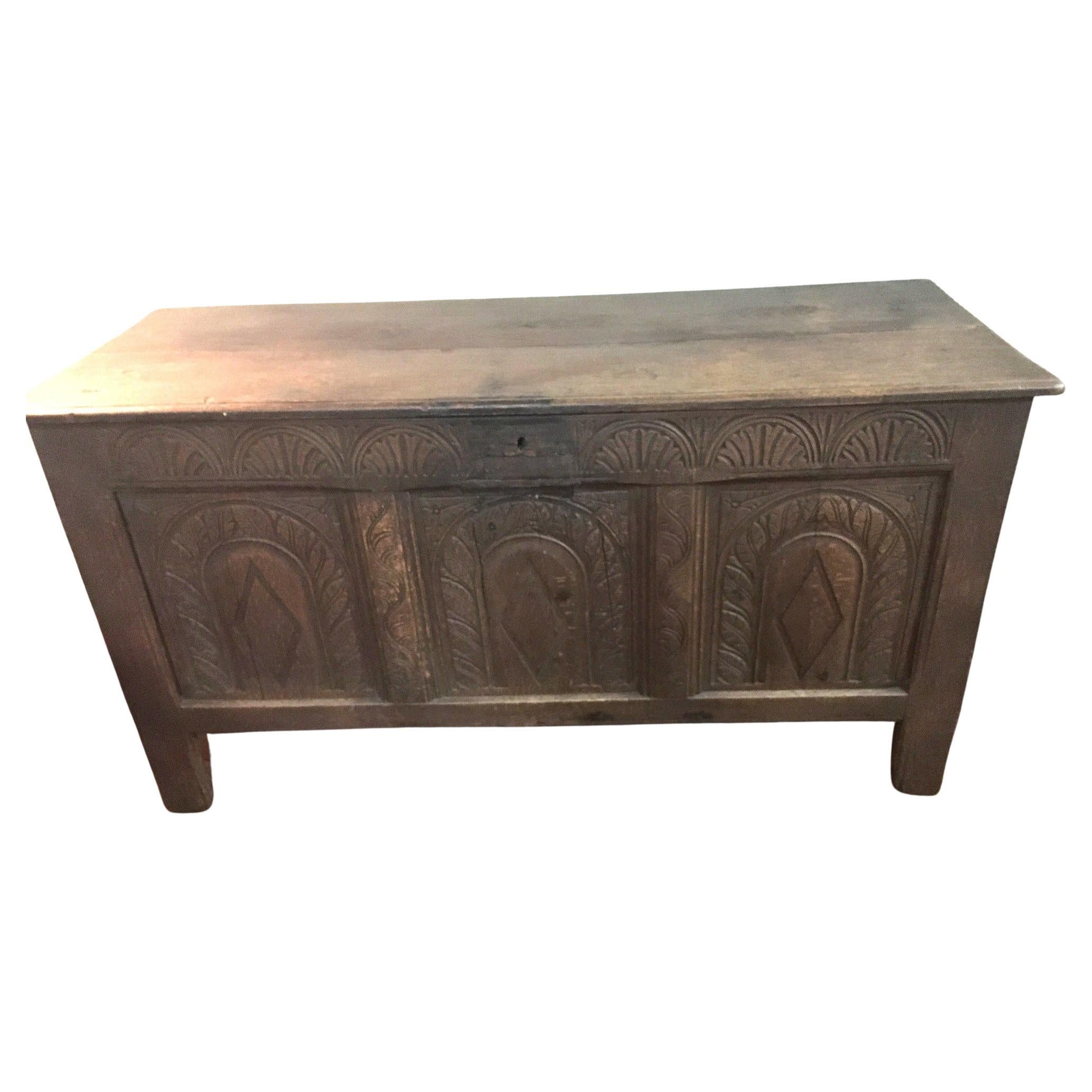 18th Century English Oak Carved Blanket Chest or Coffer