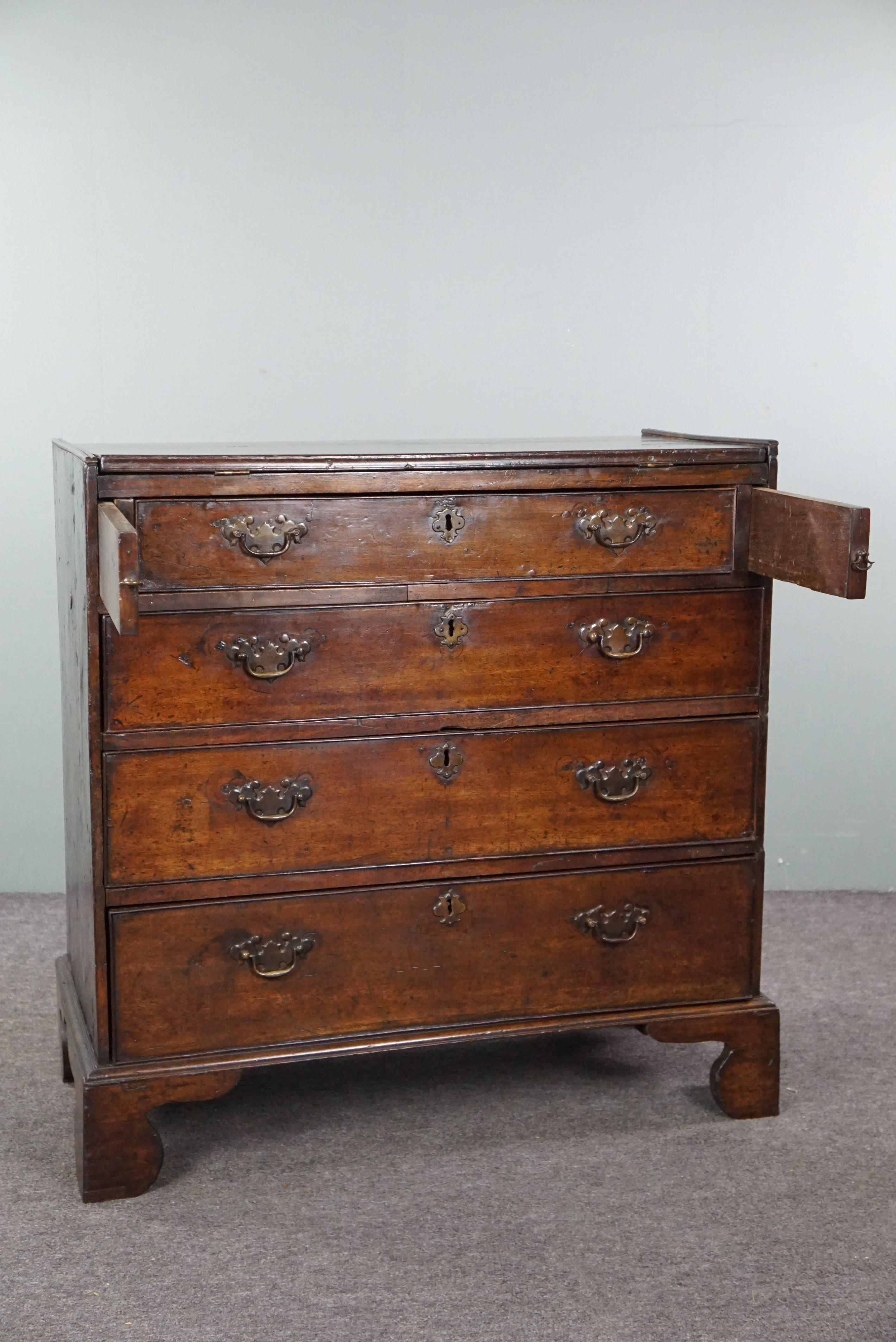 Offered is this beautiful antique English oak Bachelor Chest with graceful details. What makes this chest of drawers so special is not just its aesthetics but also its versatility. Whether it stands in a study, bedroom, or living room, the Bachelor