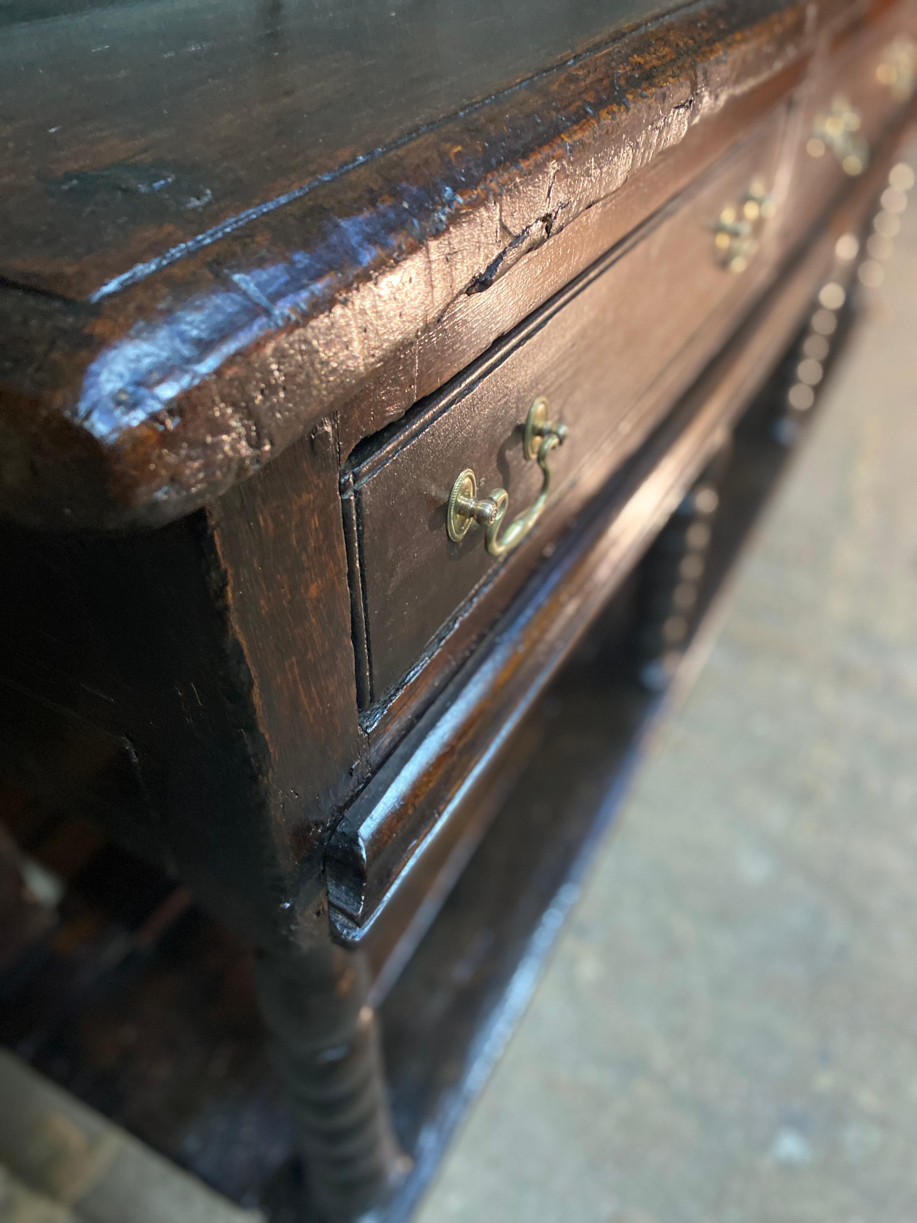 Brass 18th Century English Oak Console with 3 Drawers For Sale