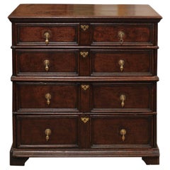 18th Century English Oak Jacobean Style Chest with Four Drawers and Brass Pulls