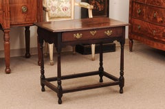 18th Century English Oak Side Table with 1 Drawer, Rounded Legs & Box Stretcher