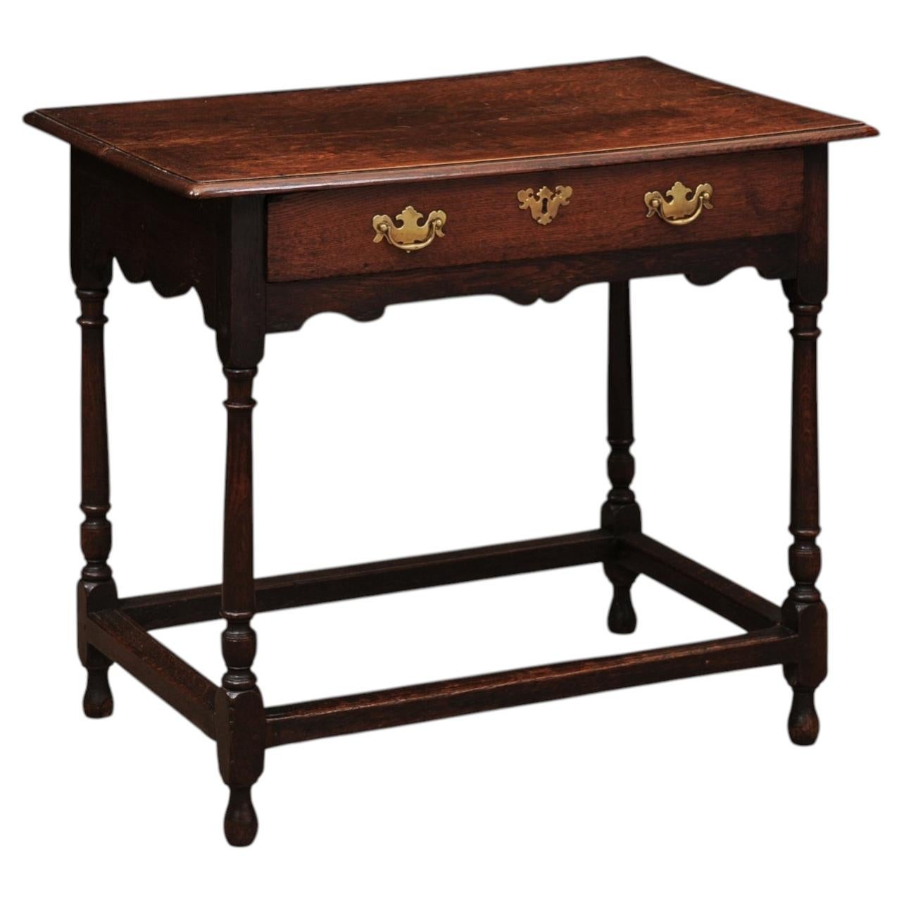 18th Century English Oak Side Table with 1 Drawer, Rounded Legs & Box Stretcher