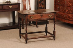 18th Century English Oak Side Table with 1 Drawer, Turned Legs and Box Stretcher