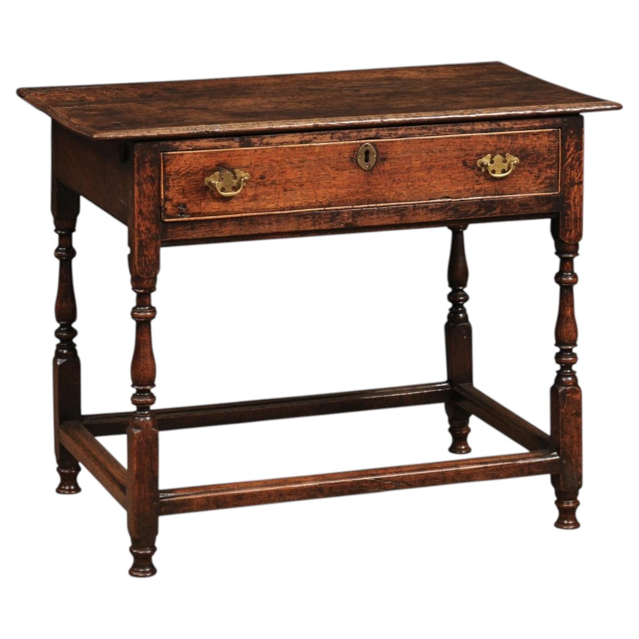 18th Century English Oak Side Table with 1 Drawer, Turned Legs and Box Stretcher