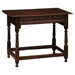 18th Century English Oak Side Table with Drawer, Box Stretcher and Turned Legs