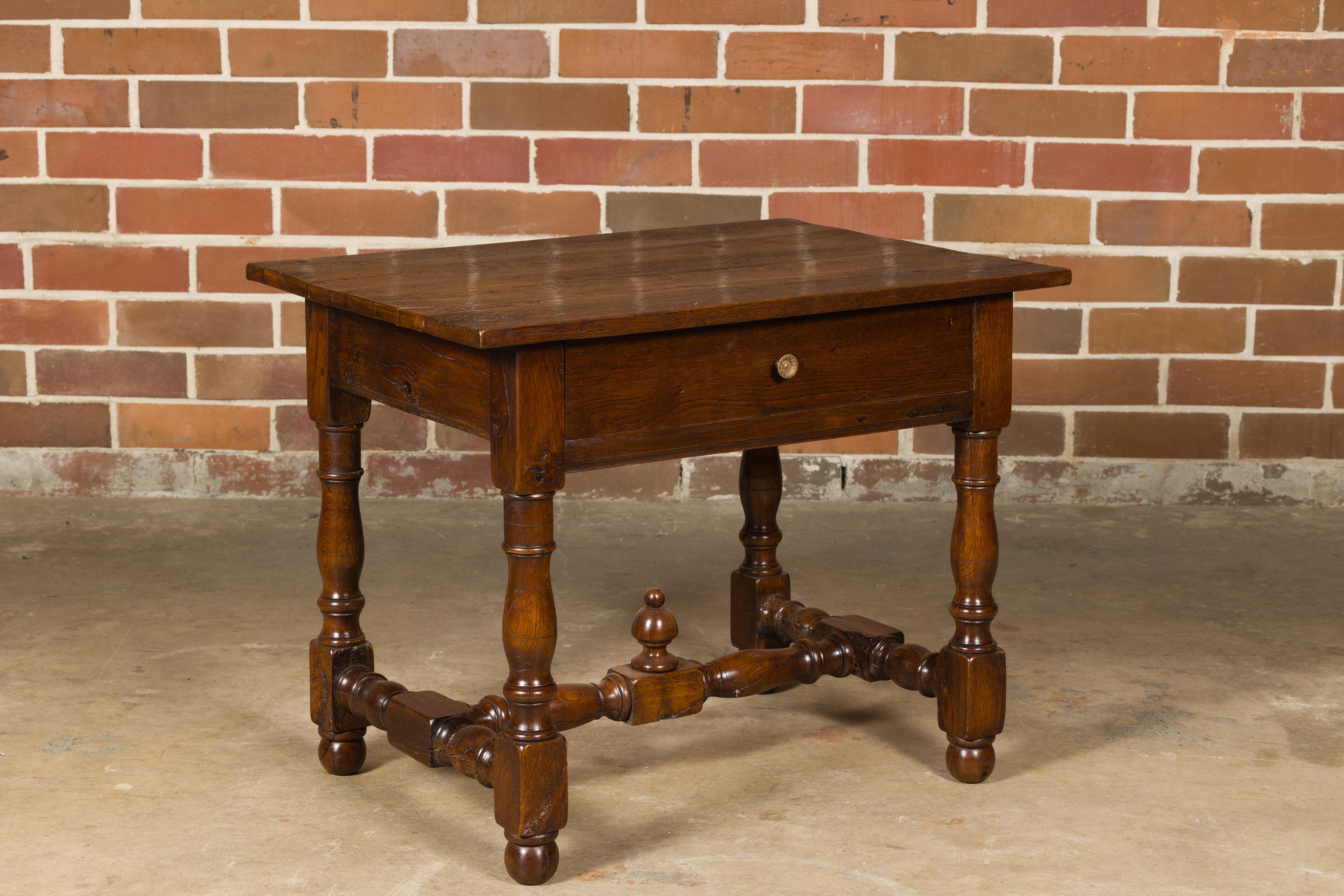 18th Century and Earlier 18th Century English Oak Side Table with Single Drawer and Turned Base For Sale
