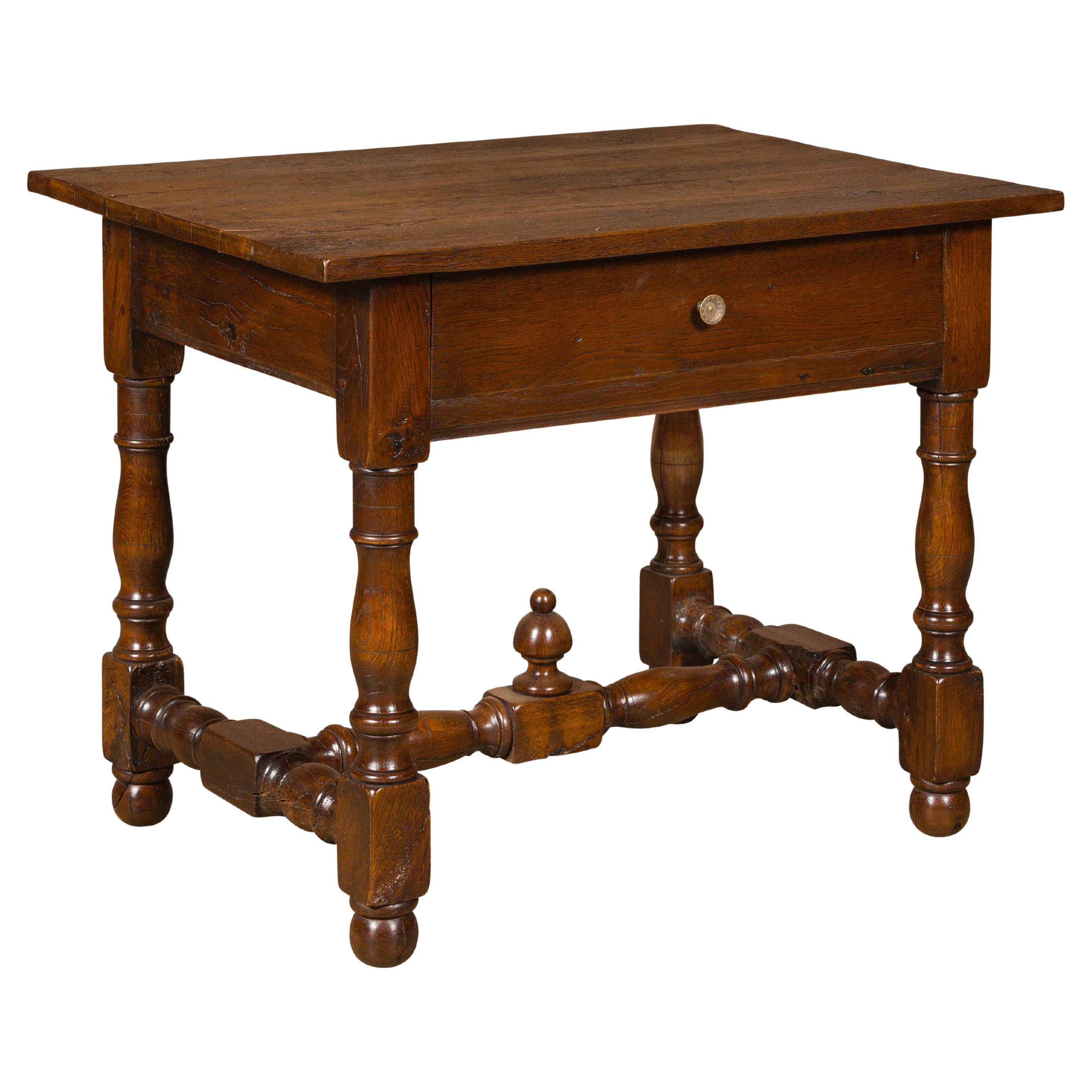18th Century English Oak Side Table with Single Drawer and Turned Base