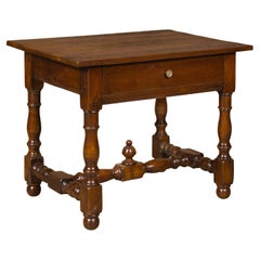 Used 18th Century English Oak Side Table with Single Drawer and Turned Base