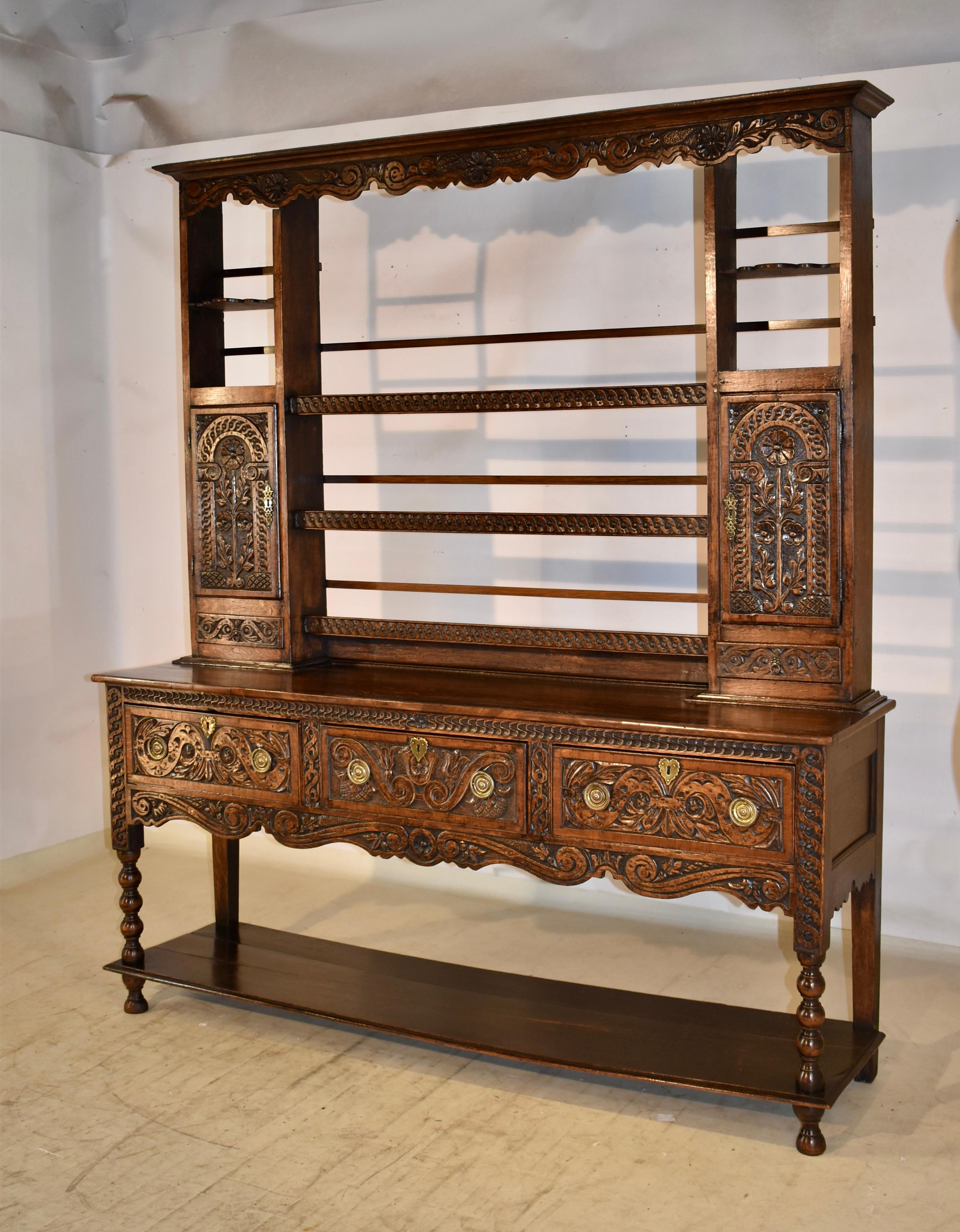 Hand-Carved 18th Century English Oak Welsh Dresser For Sale