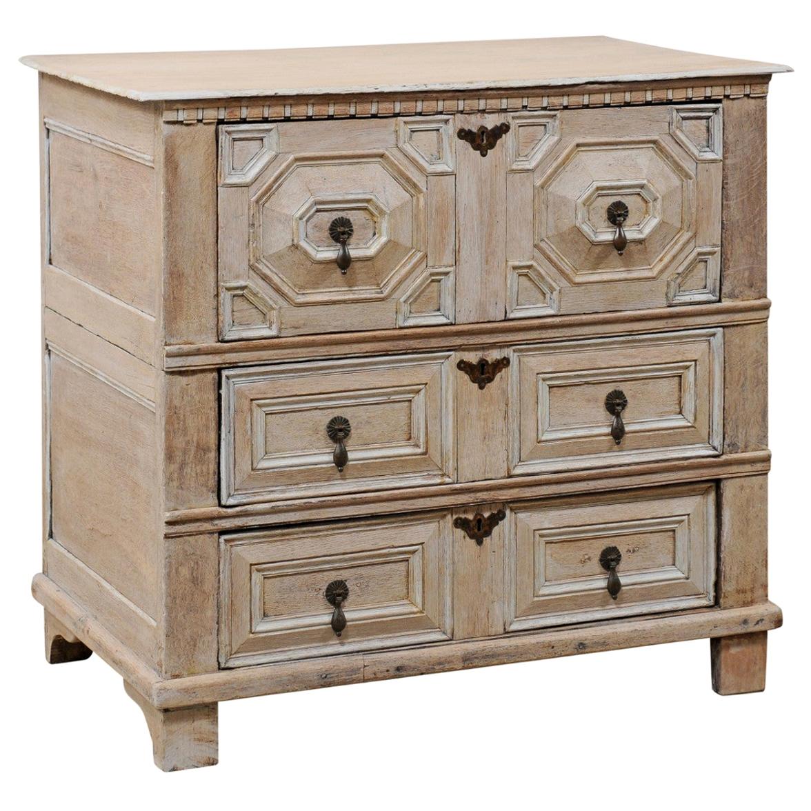 18th Century English Ornately Paneled Oak Chest Carved in Geometrical Motif