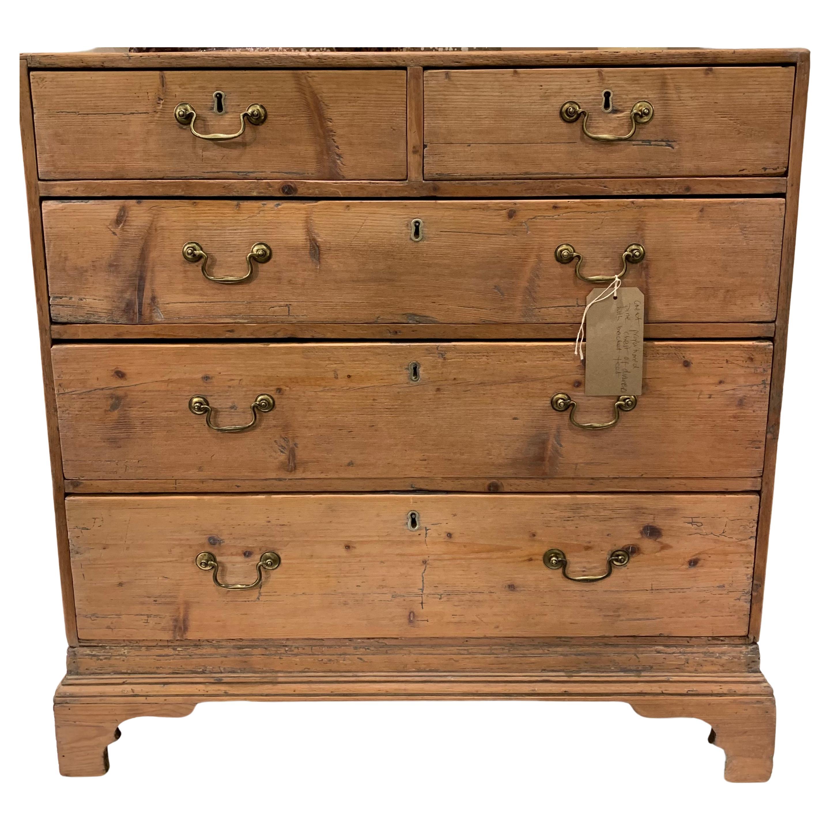 18th Century English Pine Chest of Drawers with Swan Neck Drop Brass