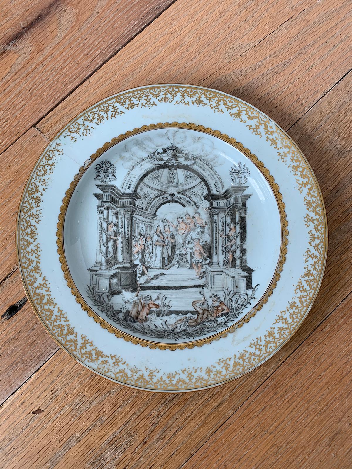 18th century English porcelain marriage plate with gilt decoration and two Dordrecht Family Crests, Beaumont & Backus.