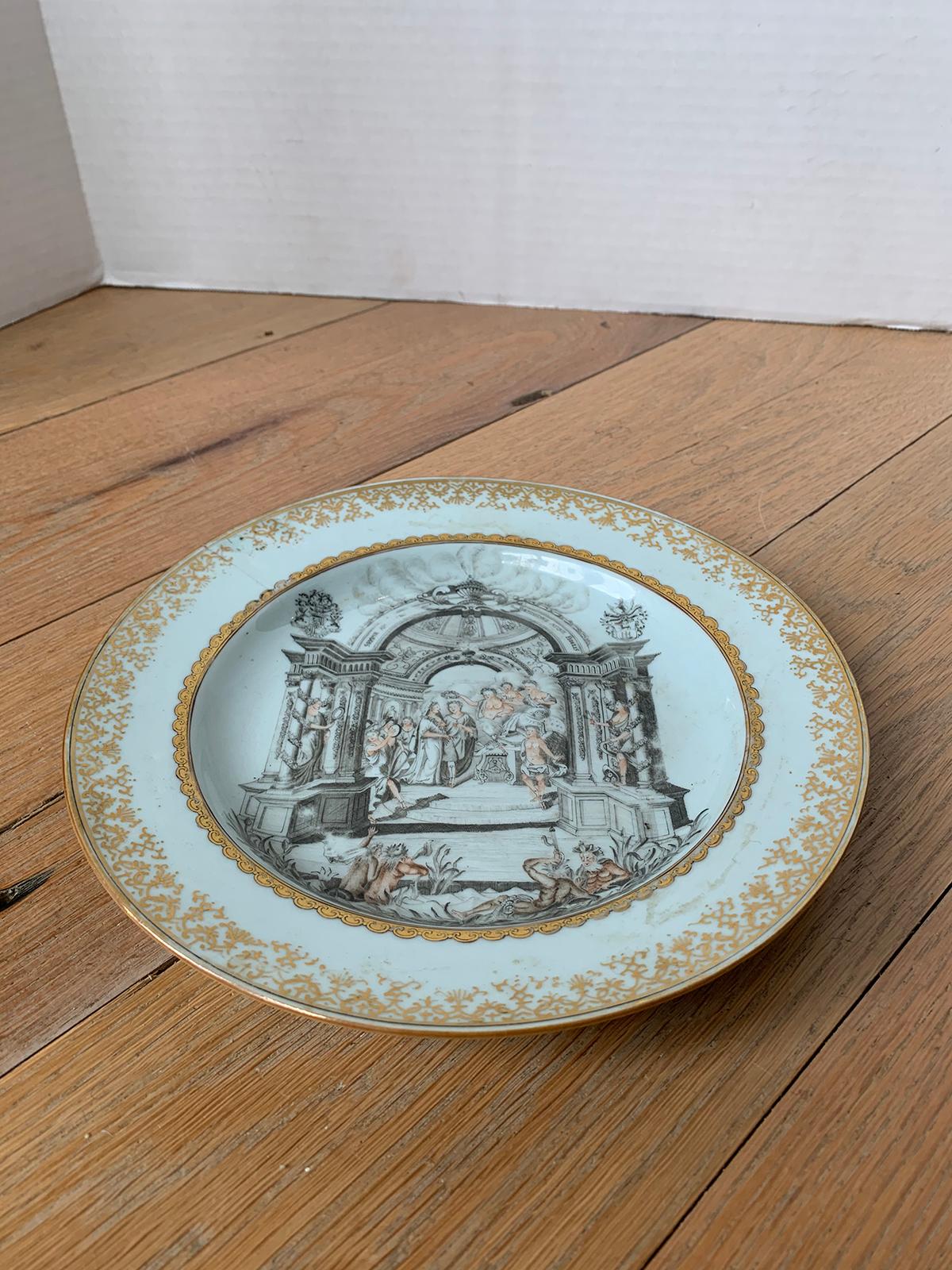 18th Century English Porcelain Marriage Plate with Two Dordrecht Family Crests 1