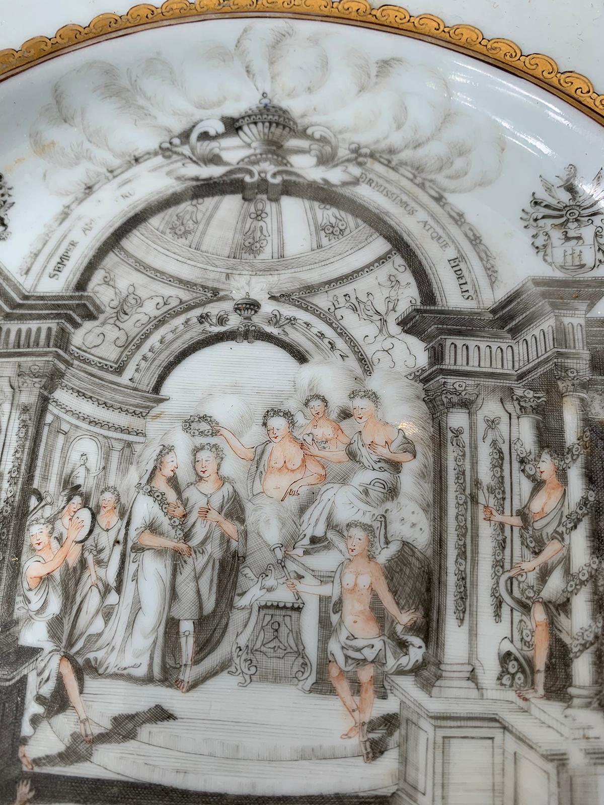 18th Century English Porcelain Marriage Plate with Two Dordrecht Family Crests 3