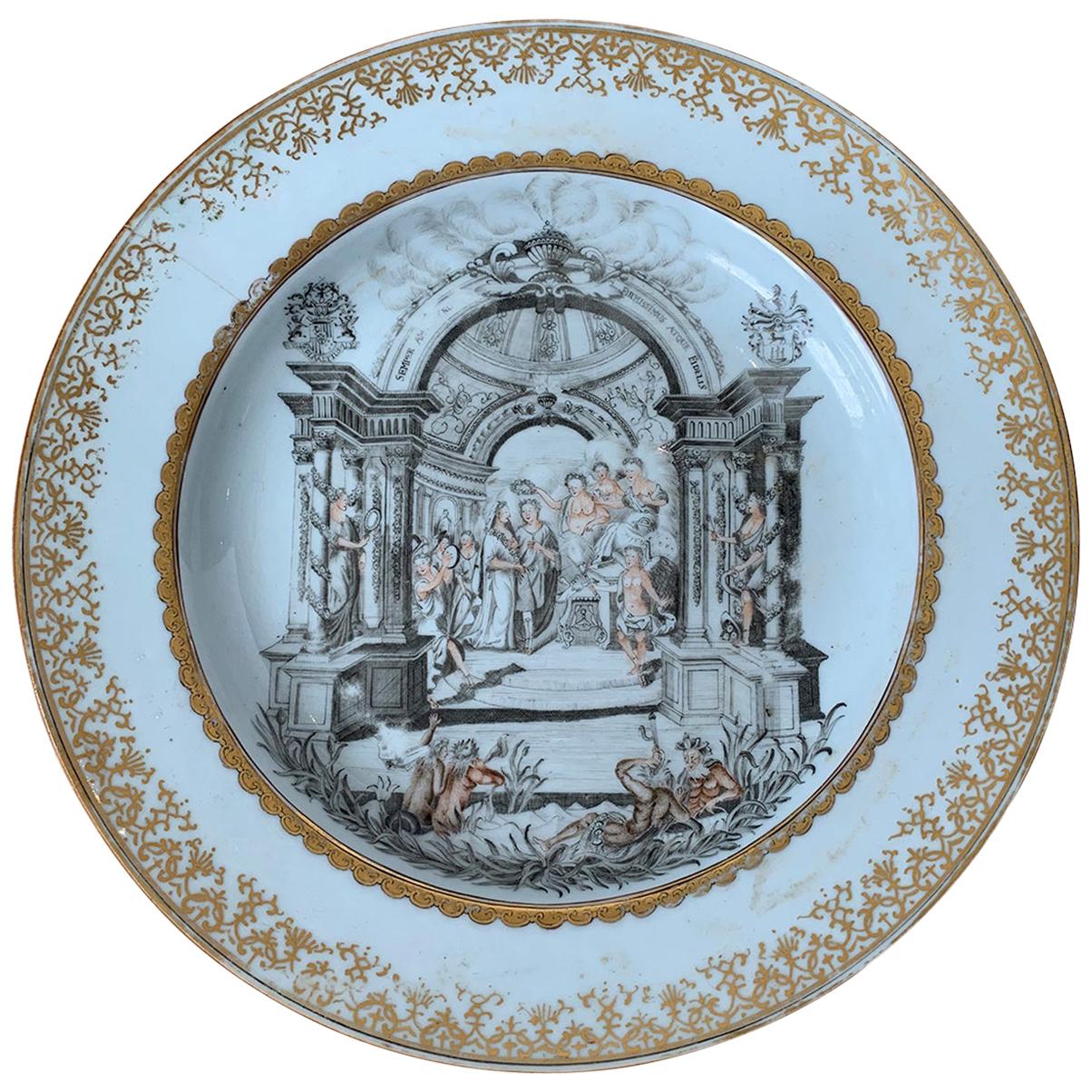 18th Century English Porcelain Marriage Plate with Two Dordrecht Family Crests