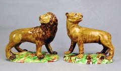 18th Century English Pottery Pearlware Lion & Lioness Figures- Ralph Wood Type
