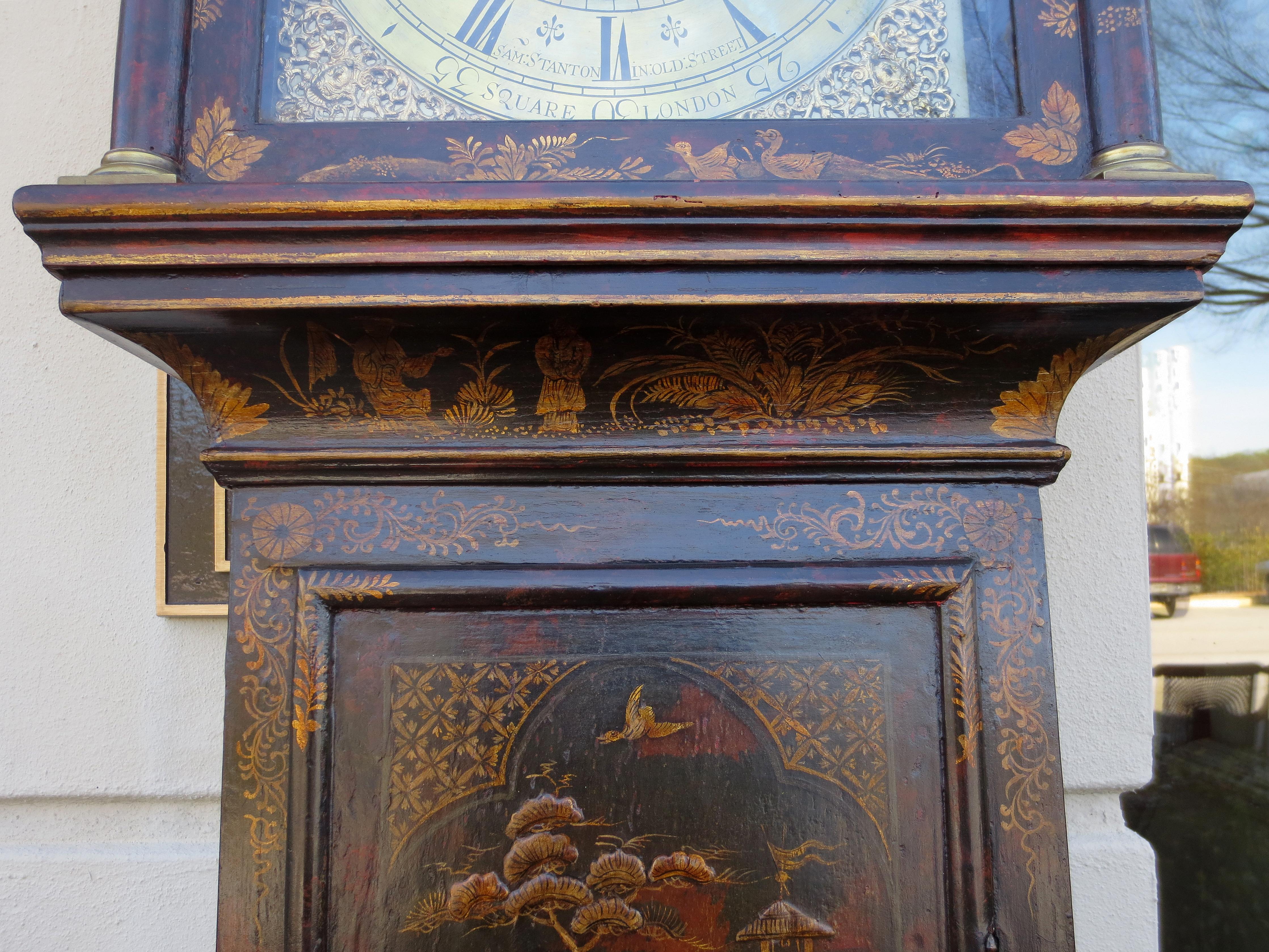 18thCentury English Queen Anne style Chinoiserie Case Clock, Sam Stanton, London 3