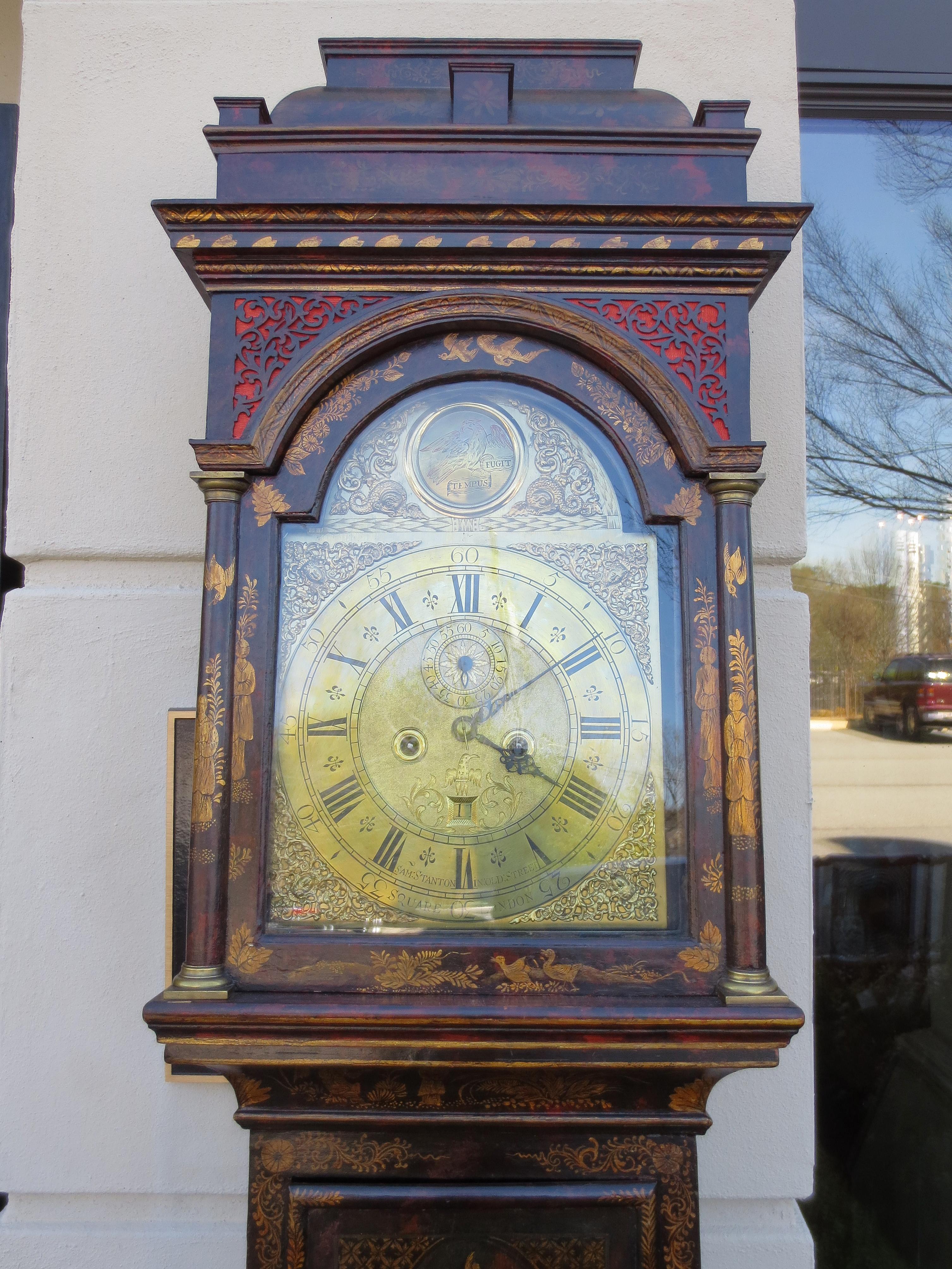 18thCentury English Clock, Sam Stanton, In Old Street Square London Clock, Tall Queen Anne Style Japanned Case 