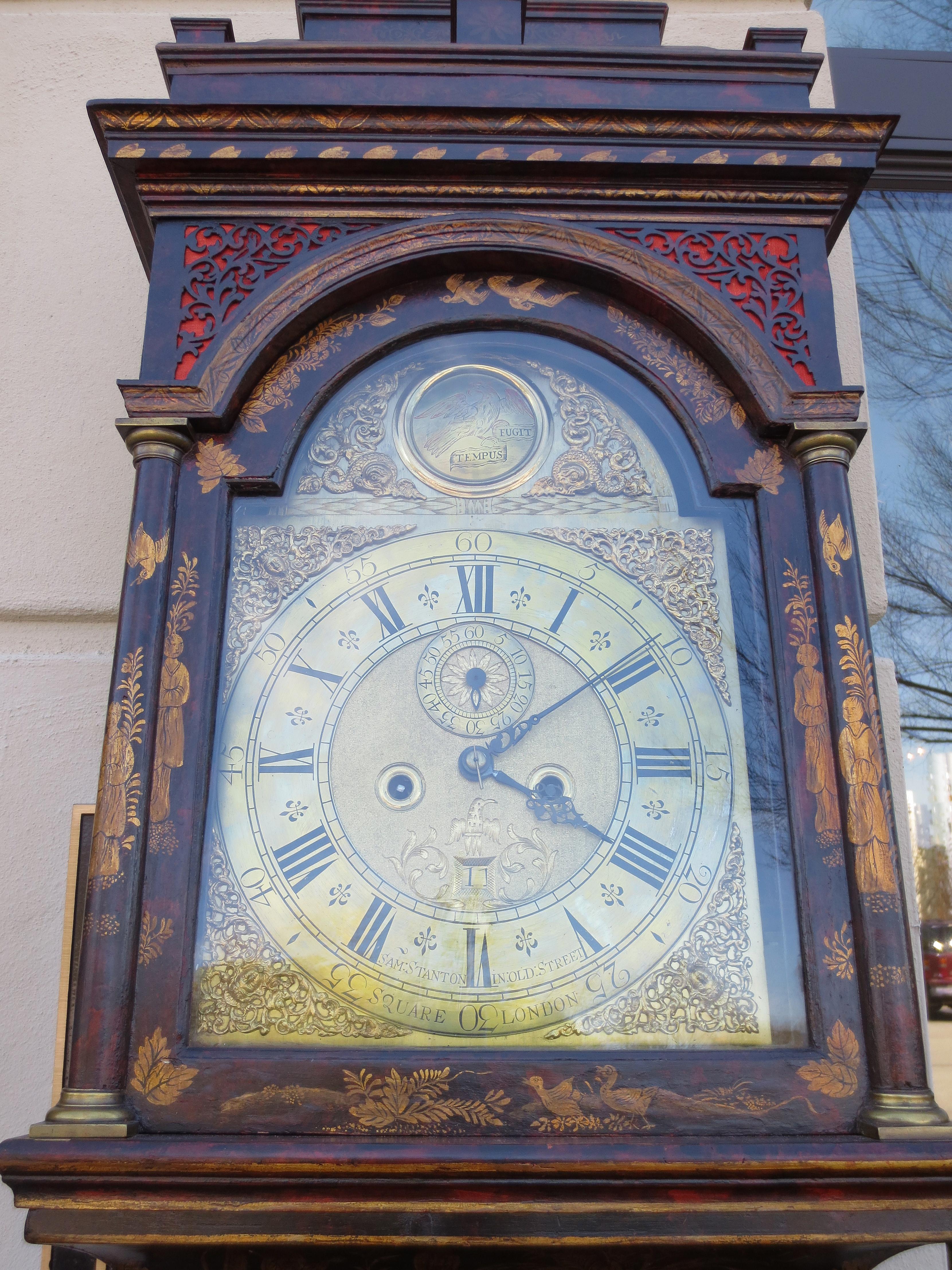 18th Century and Earlier 18thCentury English Queen Anne style Chinoiserie Case Clock, Sam Stanton, London